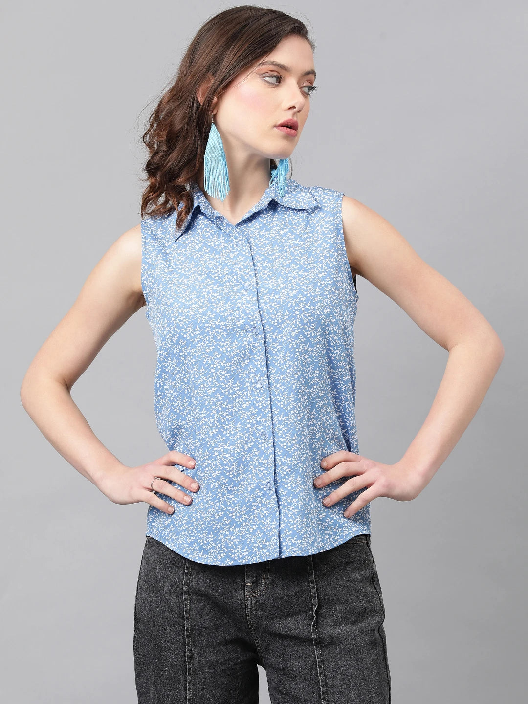 KOTTY Women Printed Casual Light Blue, White Shirt