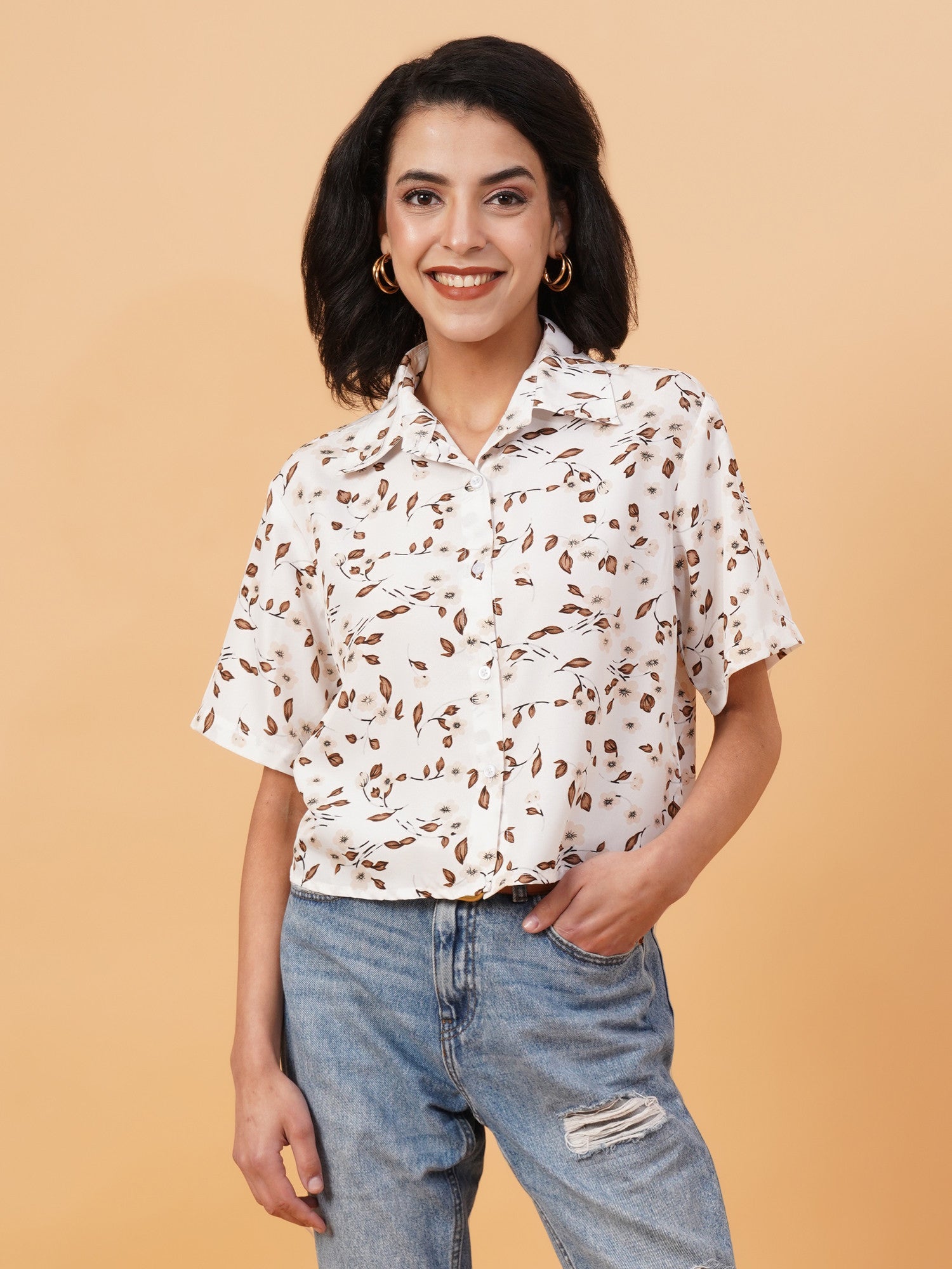KOTTY Women Printed Casual Brown, White Shirt