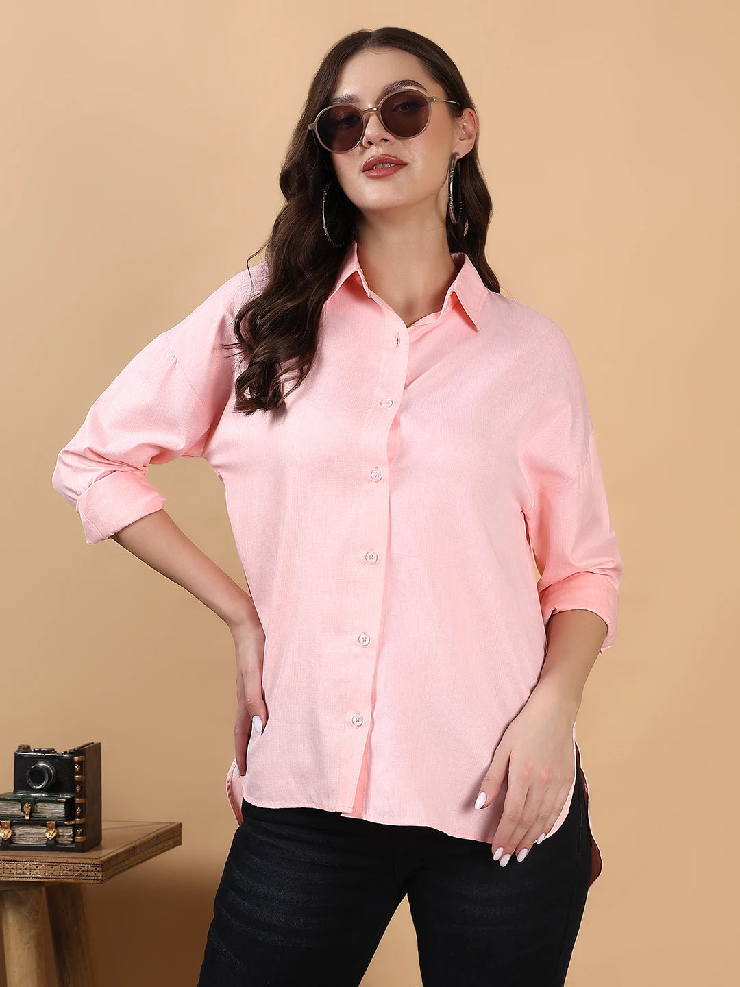 KOTTY Women's Solid Pink Cotton Blend Shirt