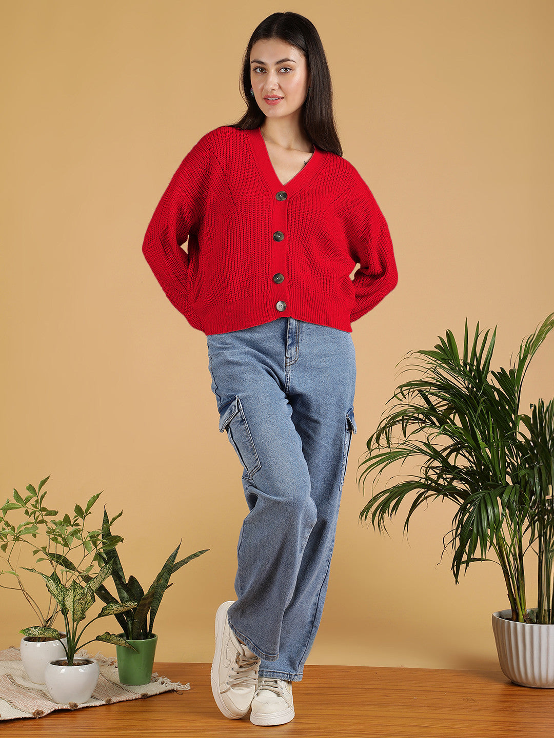 KOTTY Self Design V Neck Casual Women Red Sweater