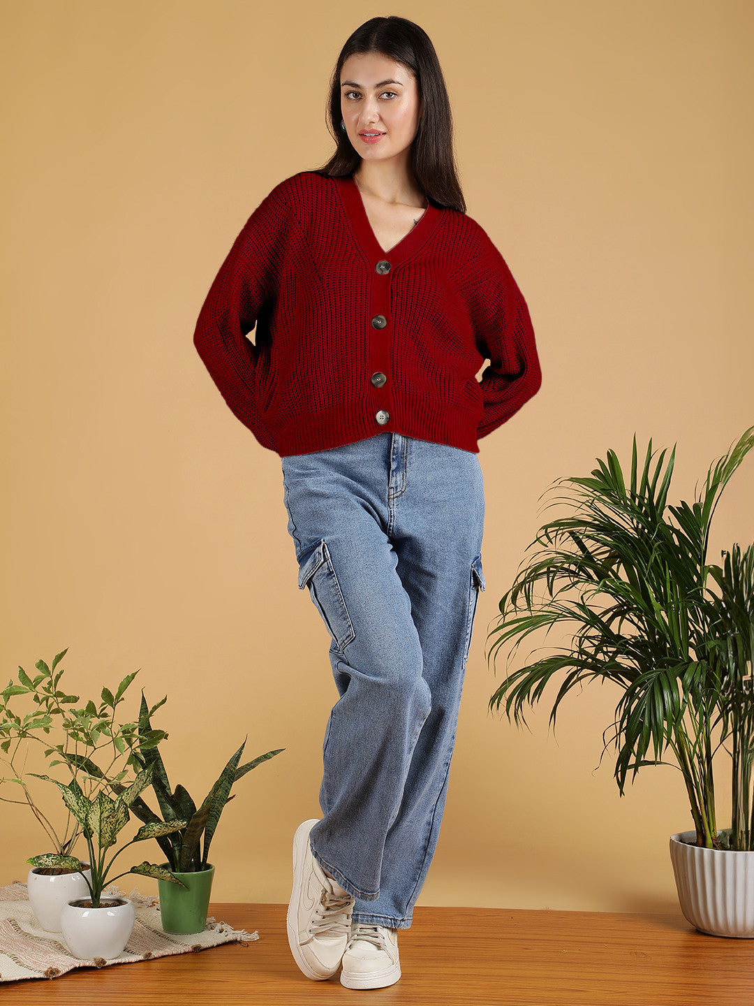 KOTTY Self Design V Neck Casual Women Maroon Sweater
