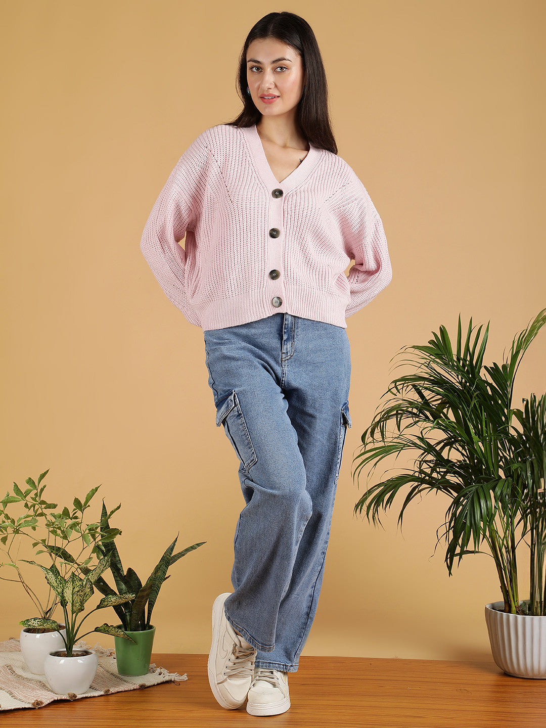 KOTTY Solid V Neck Casual Women Pink Sweater
