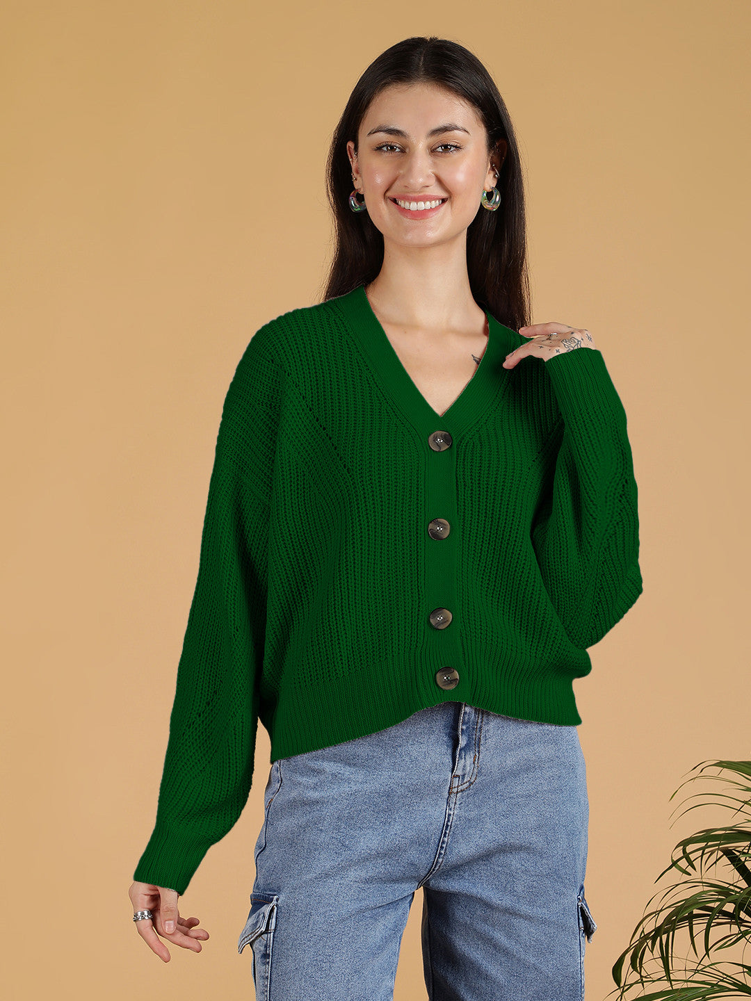 KOTTY Solid V Neck Casual Women Green Sweater