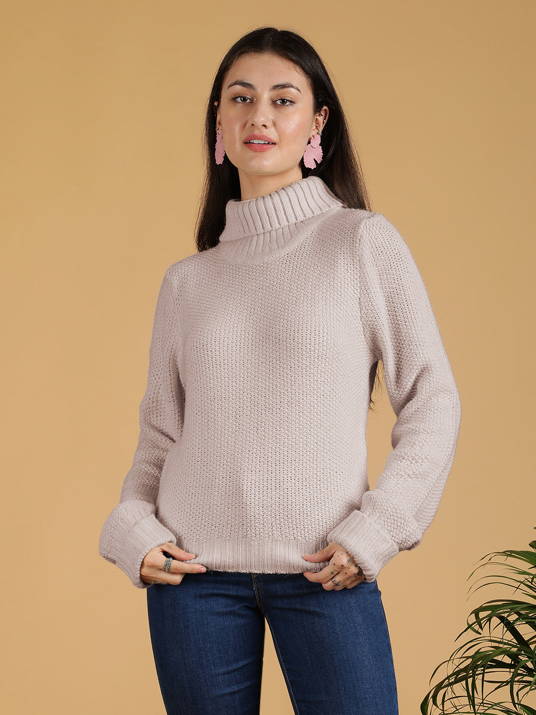 KOTTY Solid High Neck Casual Women Beige Sweater
