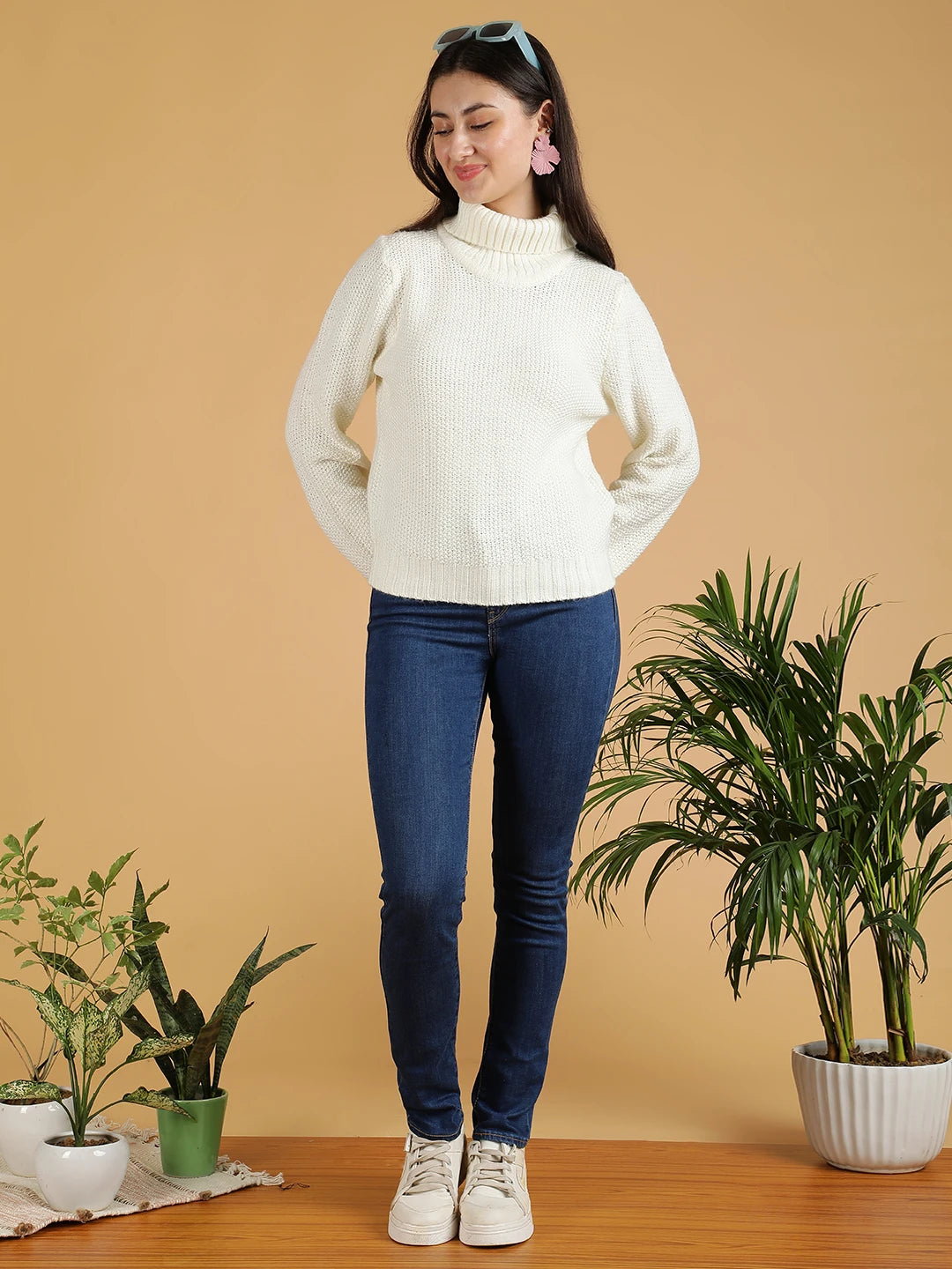 KOTTY Solid High Neck Casual Women White Sweater