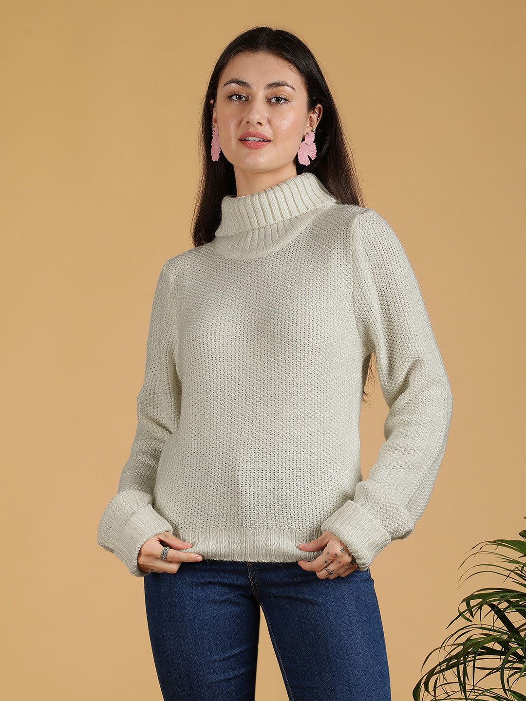 KOTTY Solid High Neck Casual Women Beige Sweater