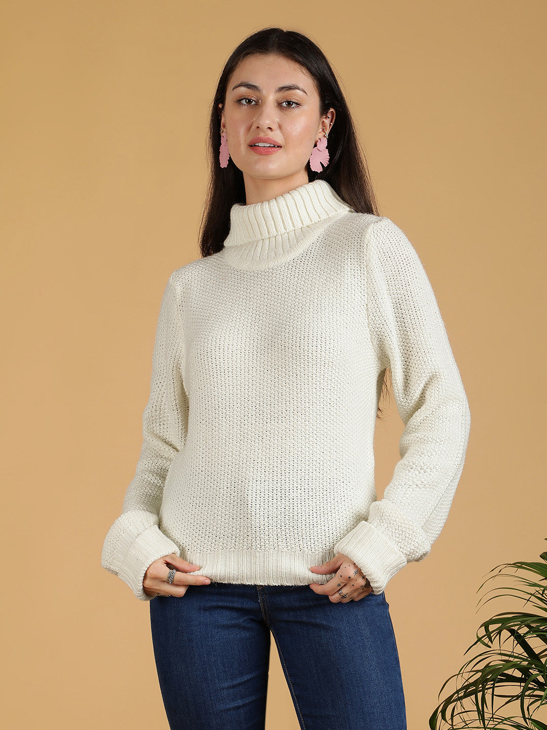 KOTTY Solid High Neck Casual Women White Sweater