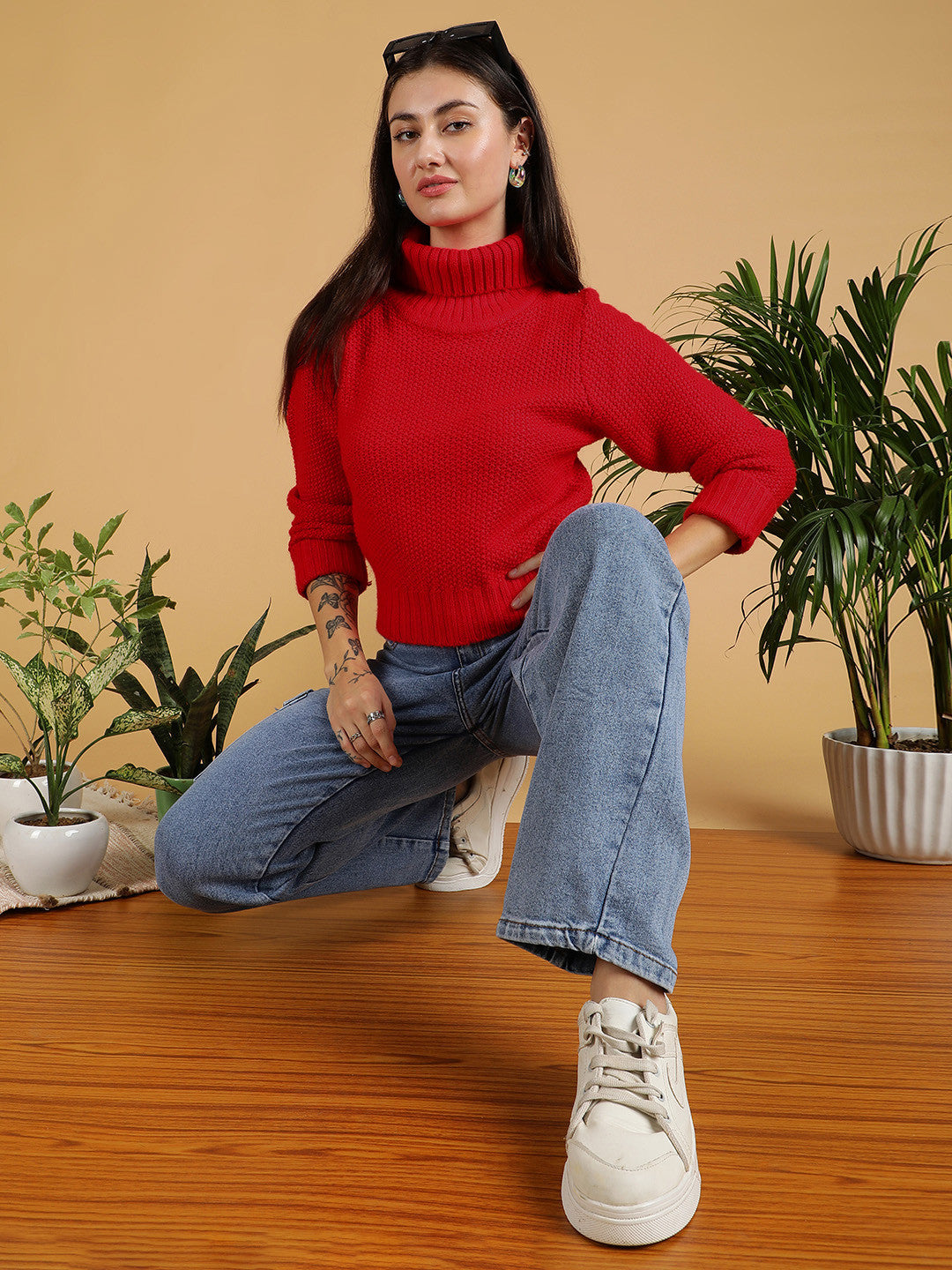KOTTY Woven Collared Neck Casual Women Red Sweater