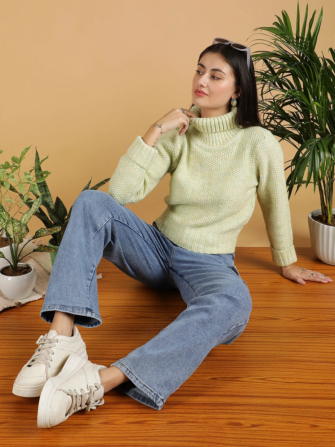KOTTY Solid High Neck Casual Women Light Green Sweater