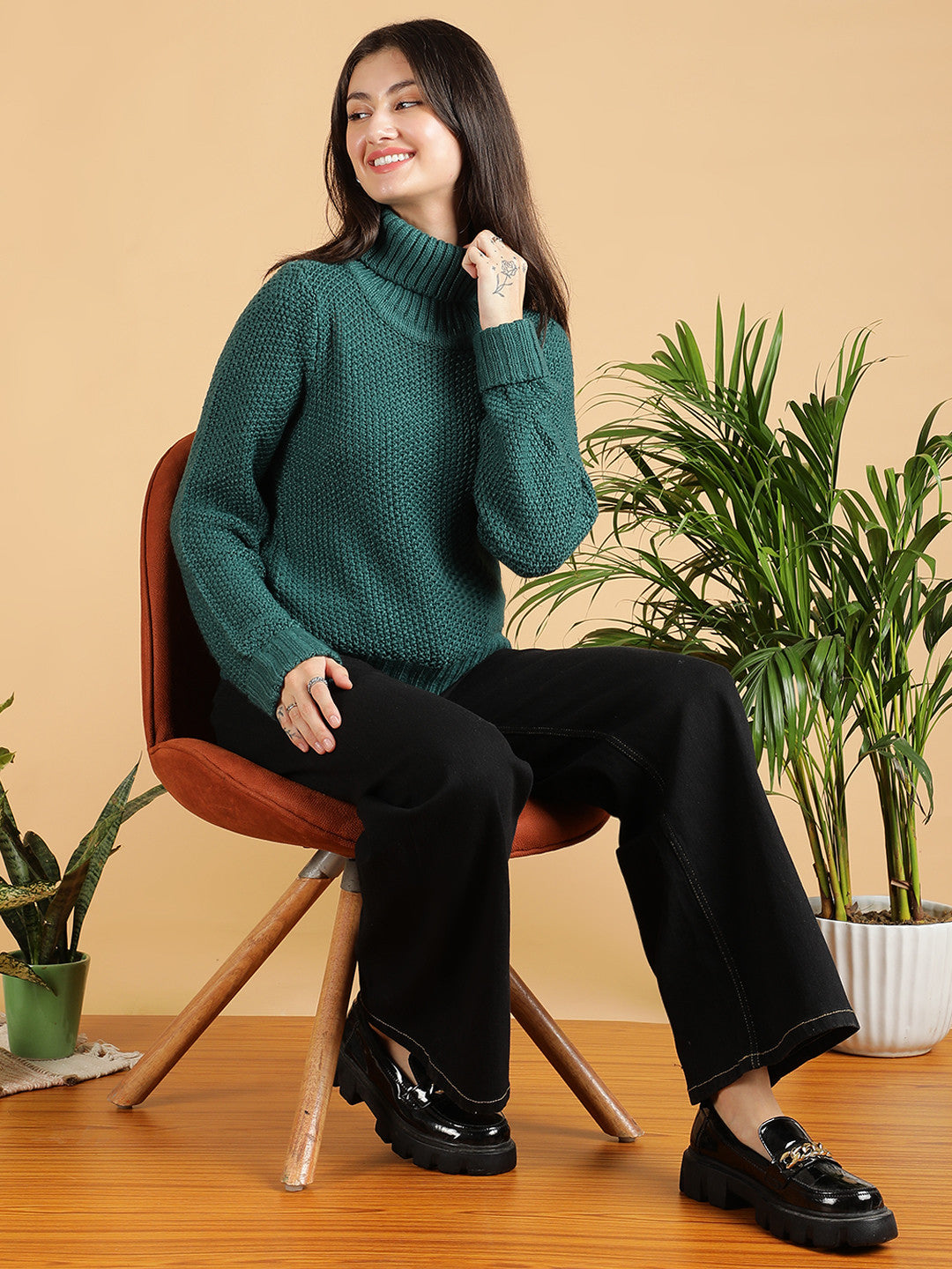 KOTTY Solid High Neck Casual Women Green Sweater