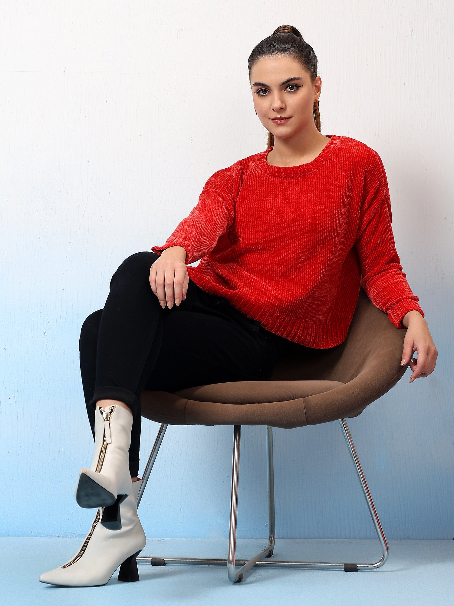 KOTTY Self Design High Neck Casual Women Red Sweater