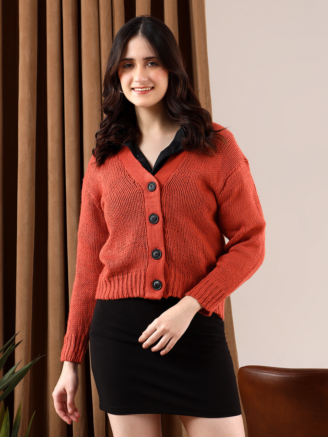 KOTTY Solid V Neck Casual Women Brown Sweater