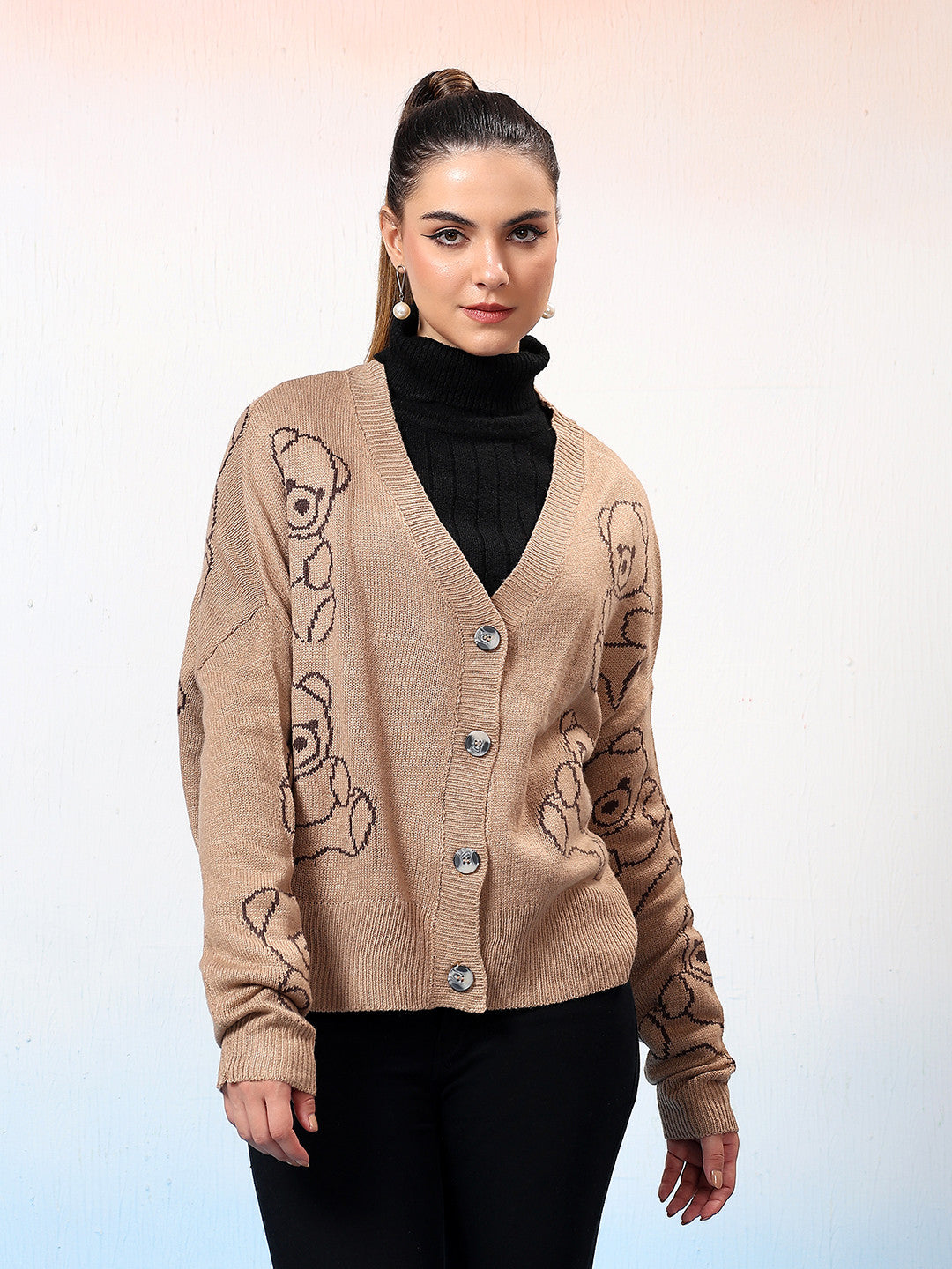 KOTTY Printed V Neck Casual Women Beige Sweater