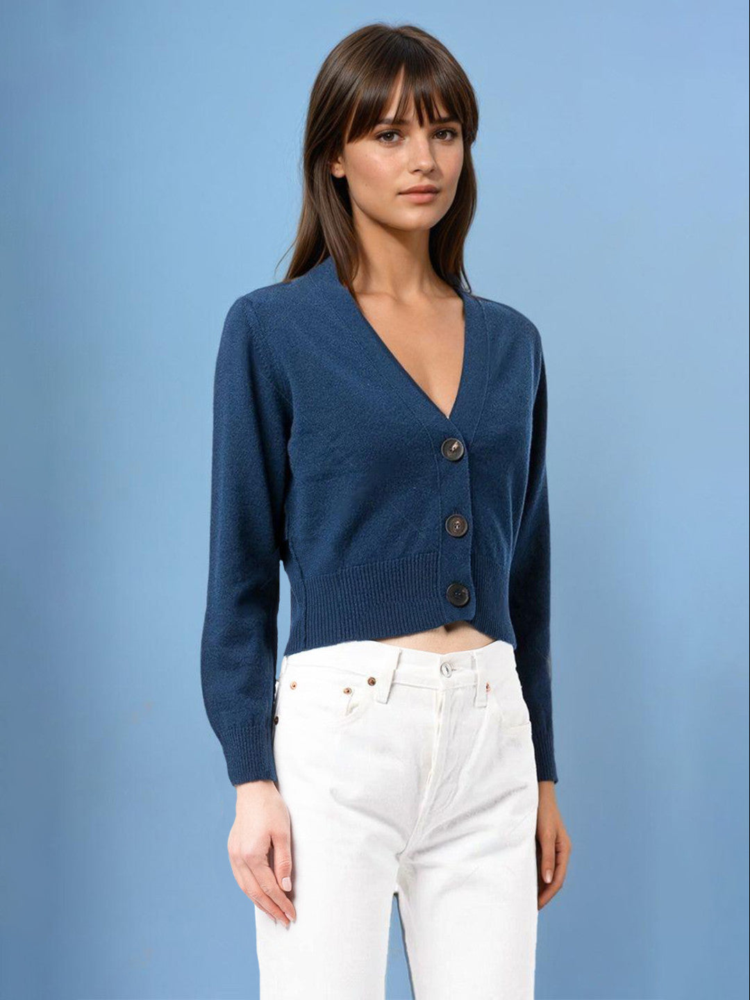 KOTTY Solid V Neck Casual Women Blue Sweater