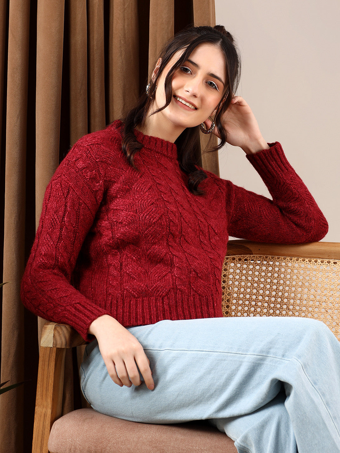 KOTTY Self Design High Neck Casual Women Red Sweater