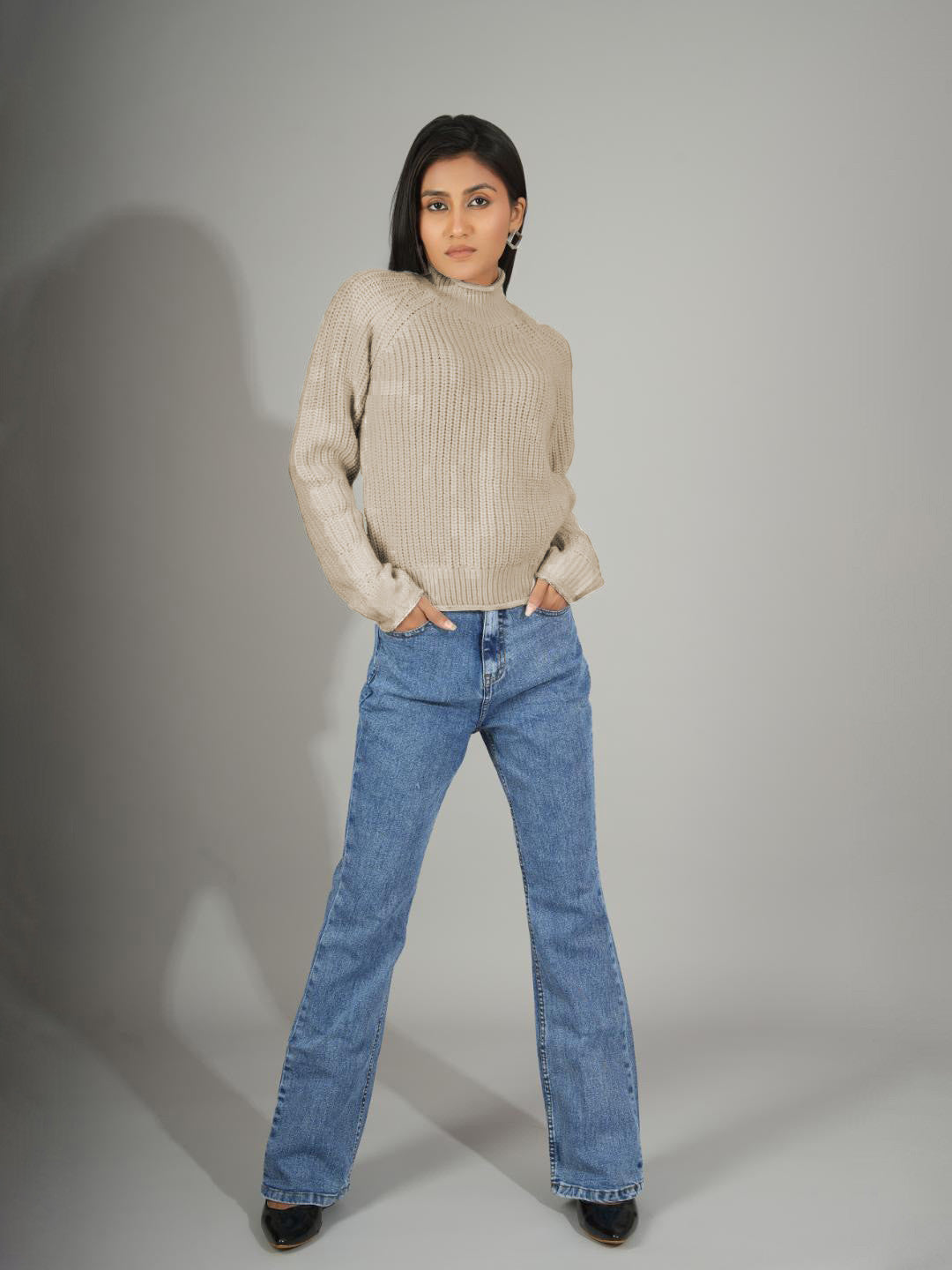 KOTTY Solid High Neck Casual Women Beige Sweater