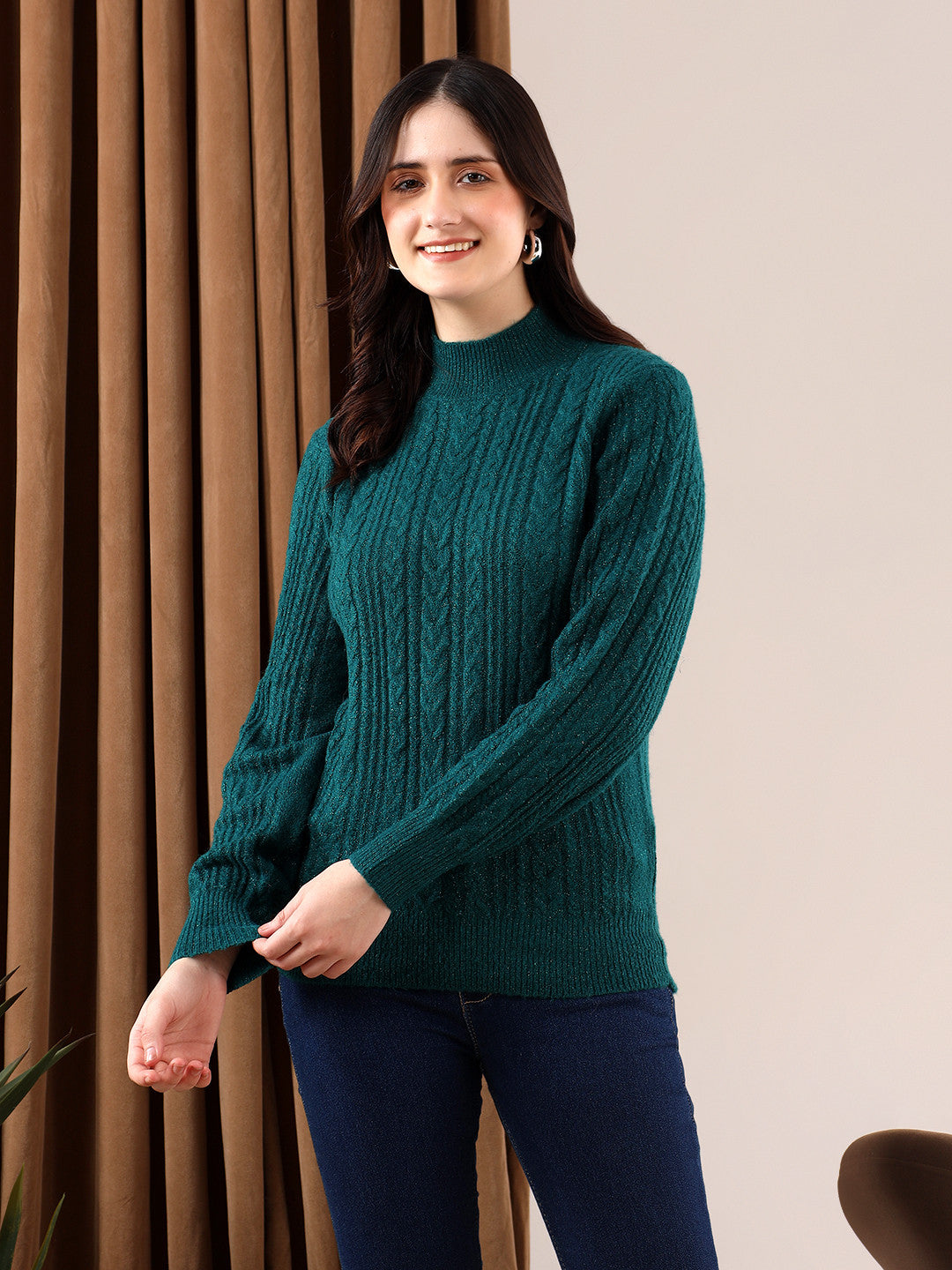 KOTTY Solid Round Neck Casual Women Dark Green Sweater