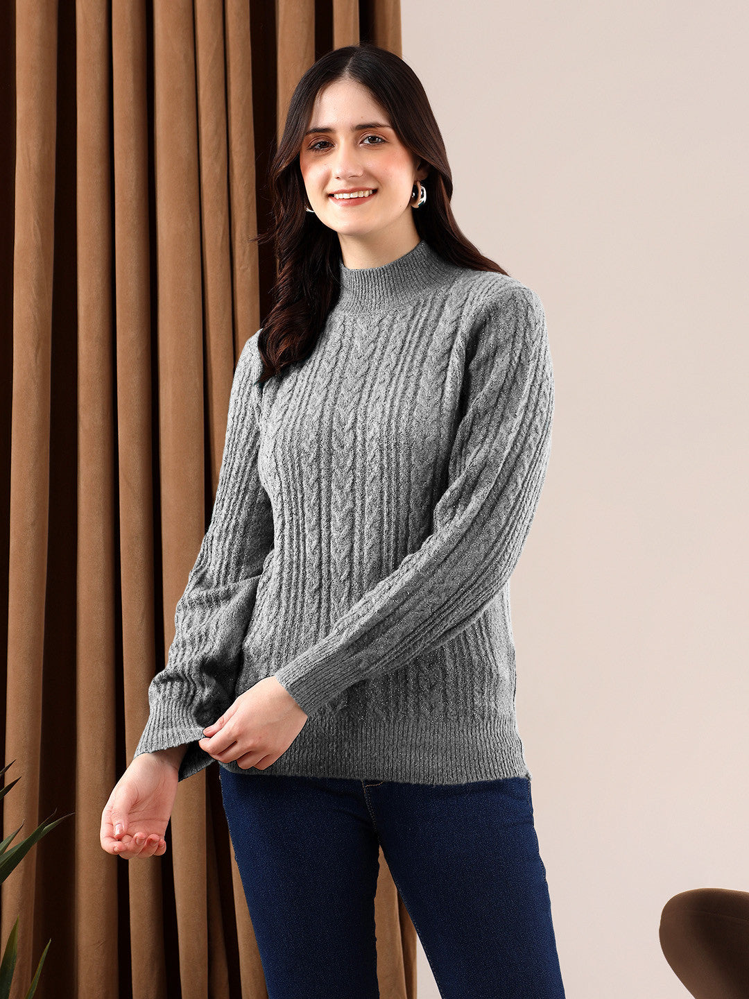 KOTTY Solid High Neck Casual Women Grey Sweater