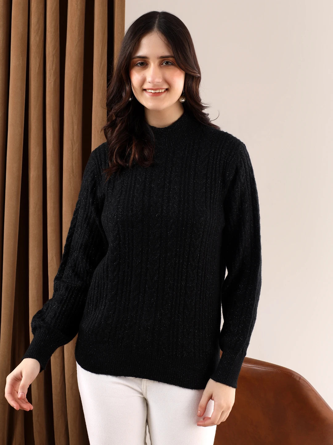 KOTTY Solid Round Neck Casual Women Black Sweater