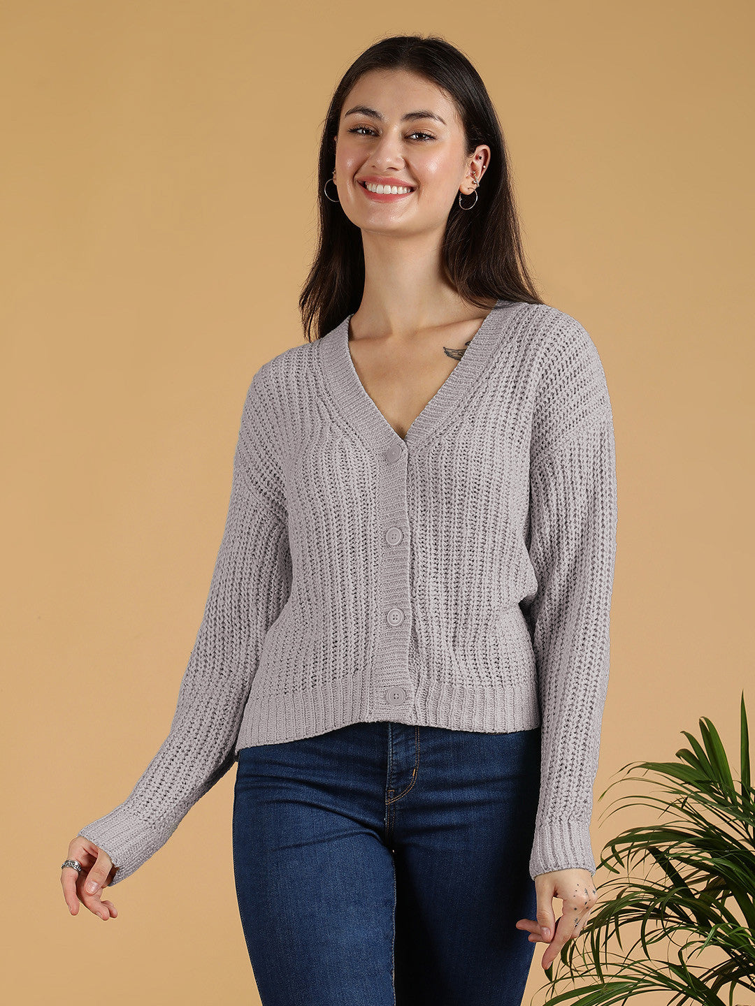 KOTTY Solid V Neck Casual Women Grey Sweater