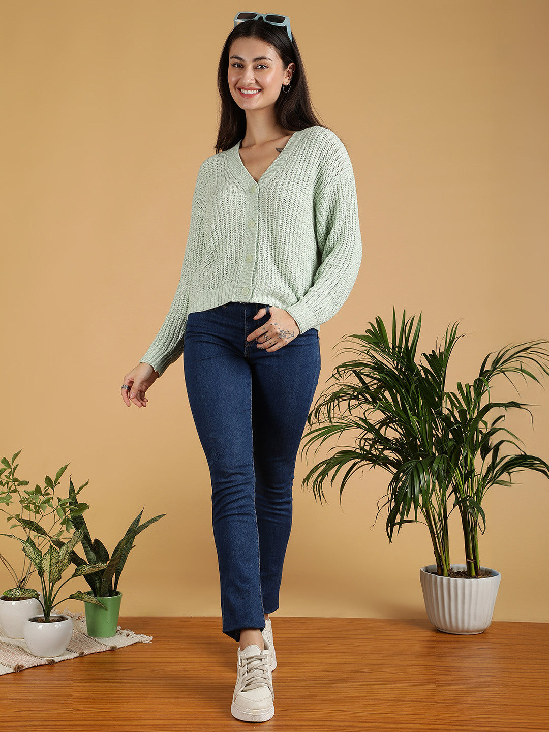 KOTTY Self Design V Neck Casual Women Light Green Sweater