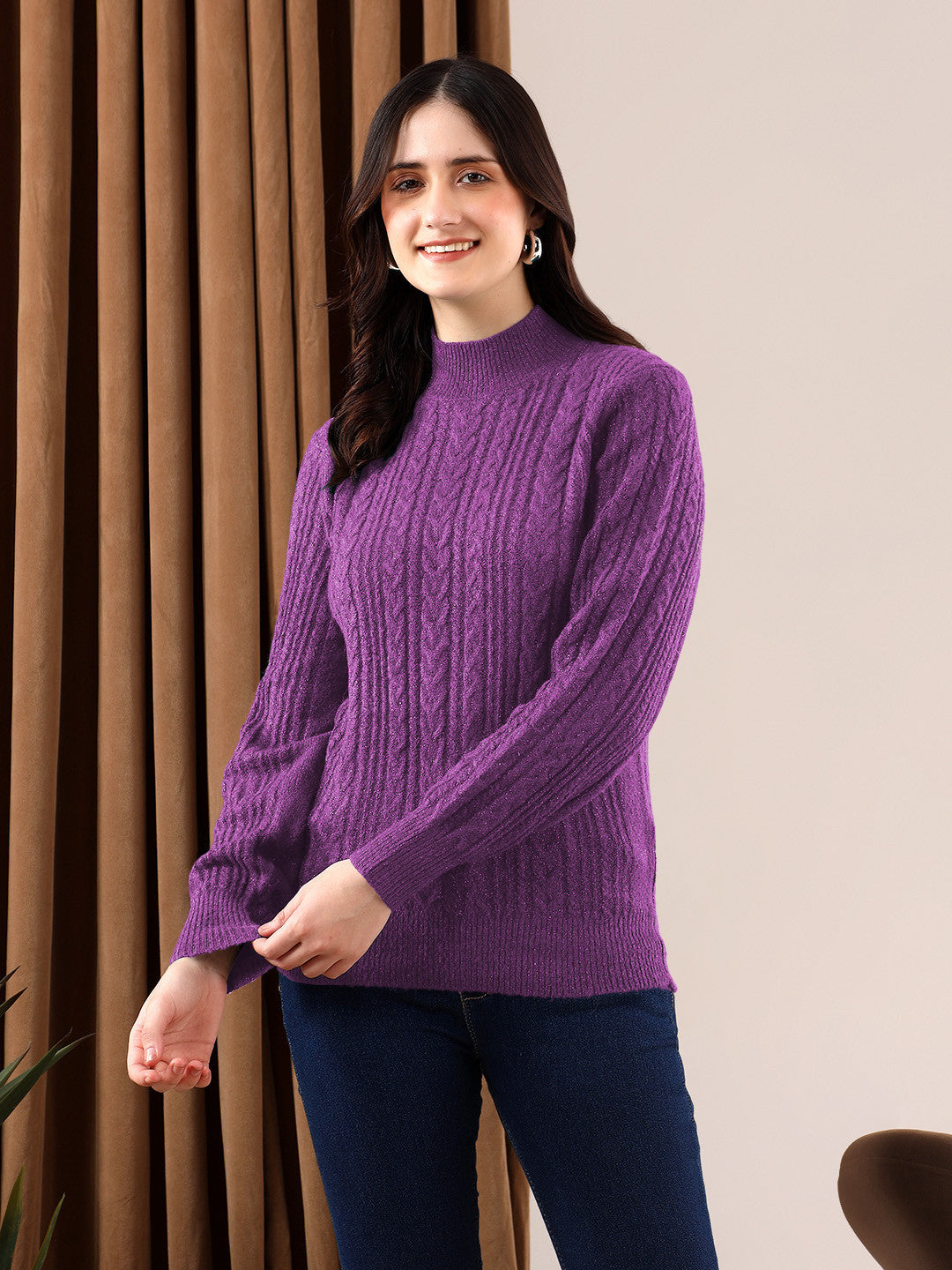 KOTTY Solid High Neck Casual Women Purple Sweater