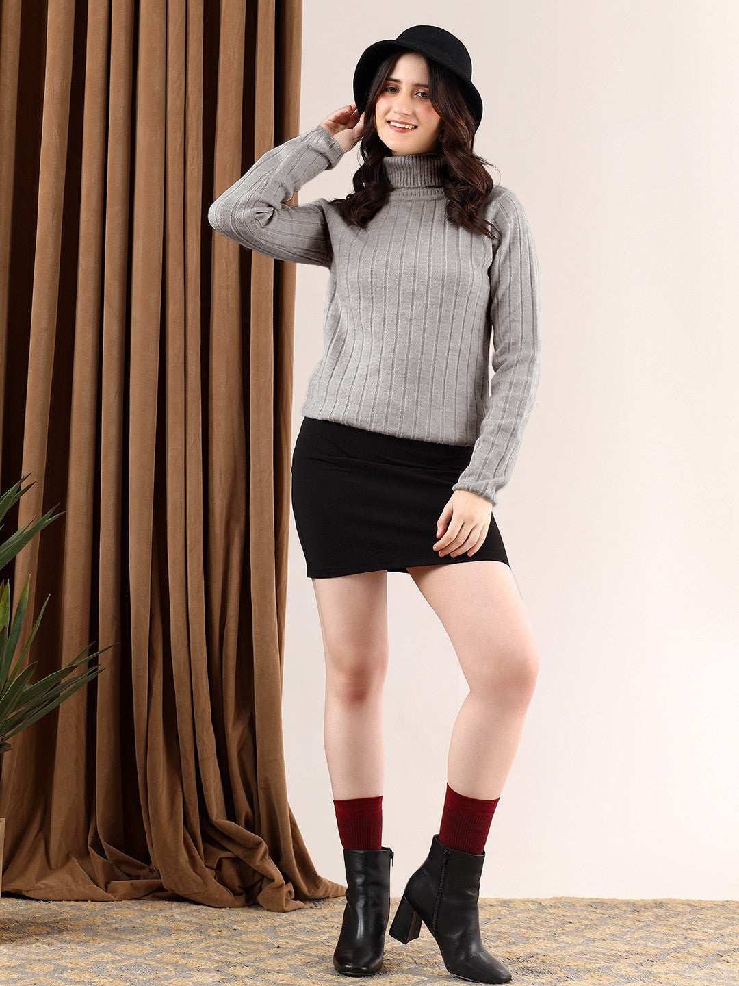 KOTTY Solid High Neck Casual Women Grey Sweater