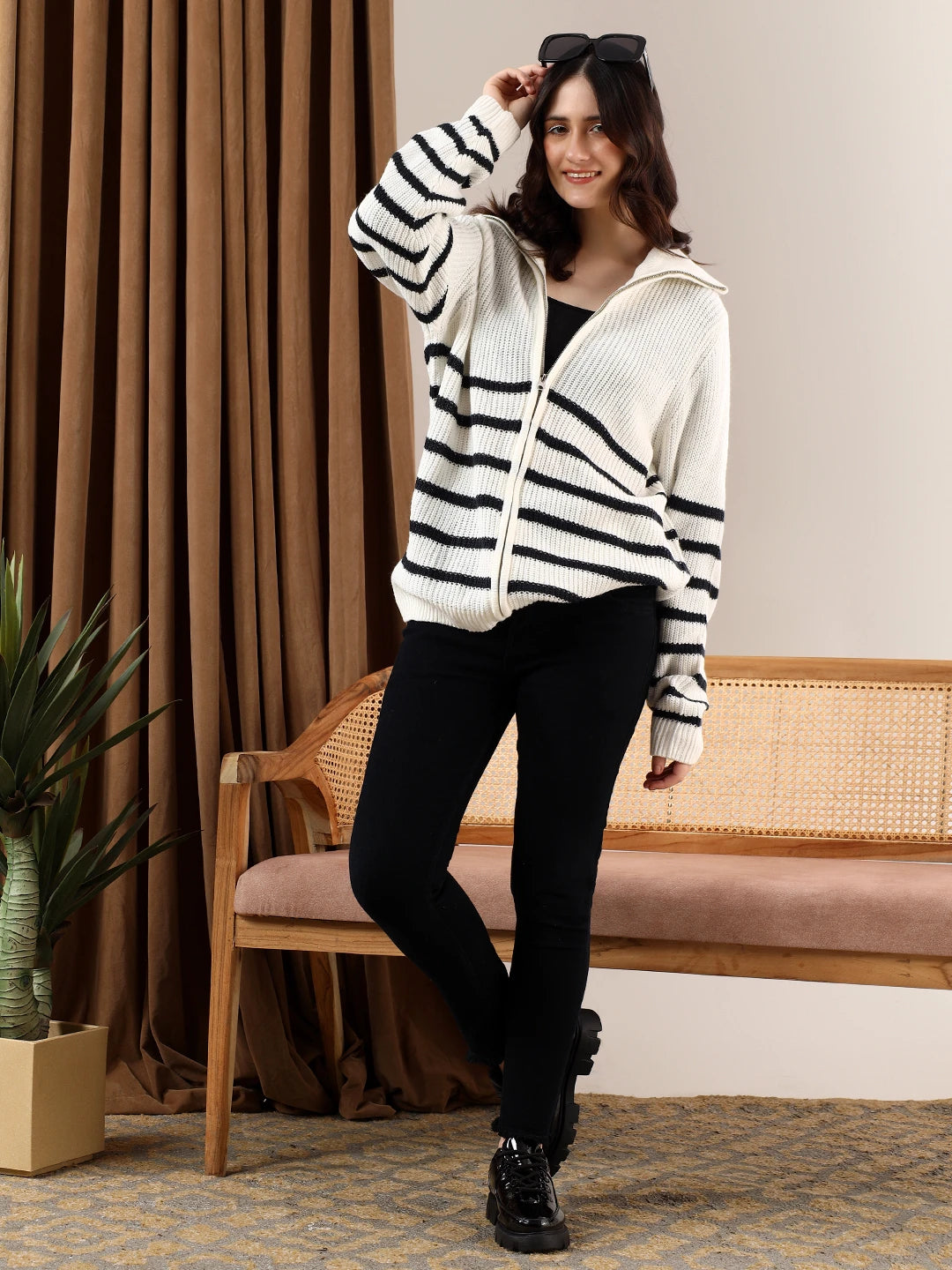KOTTY Striped High Neck Casual Women White Sweater