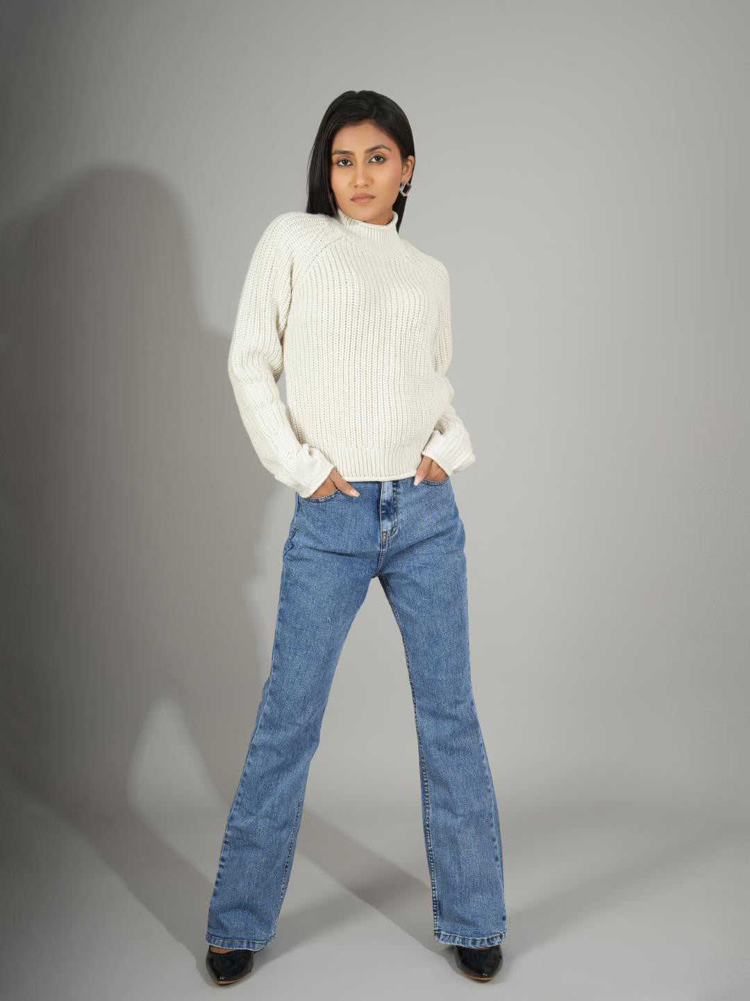 KOTTY Solid High Neck Casual Women White Sweater
