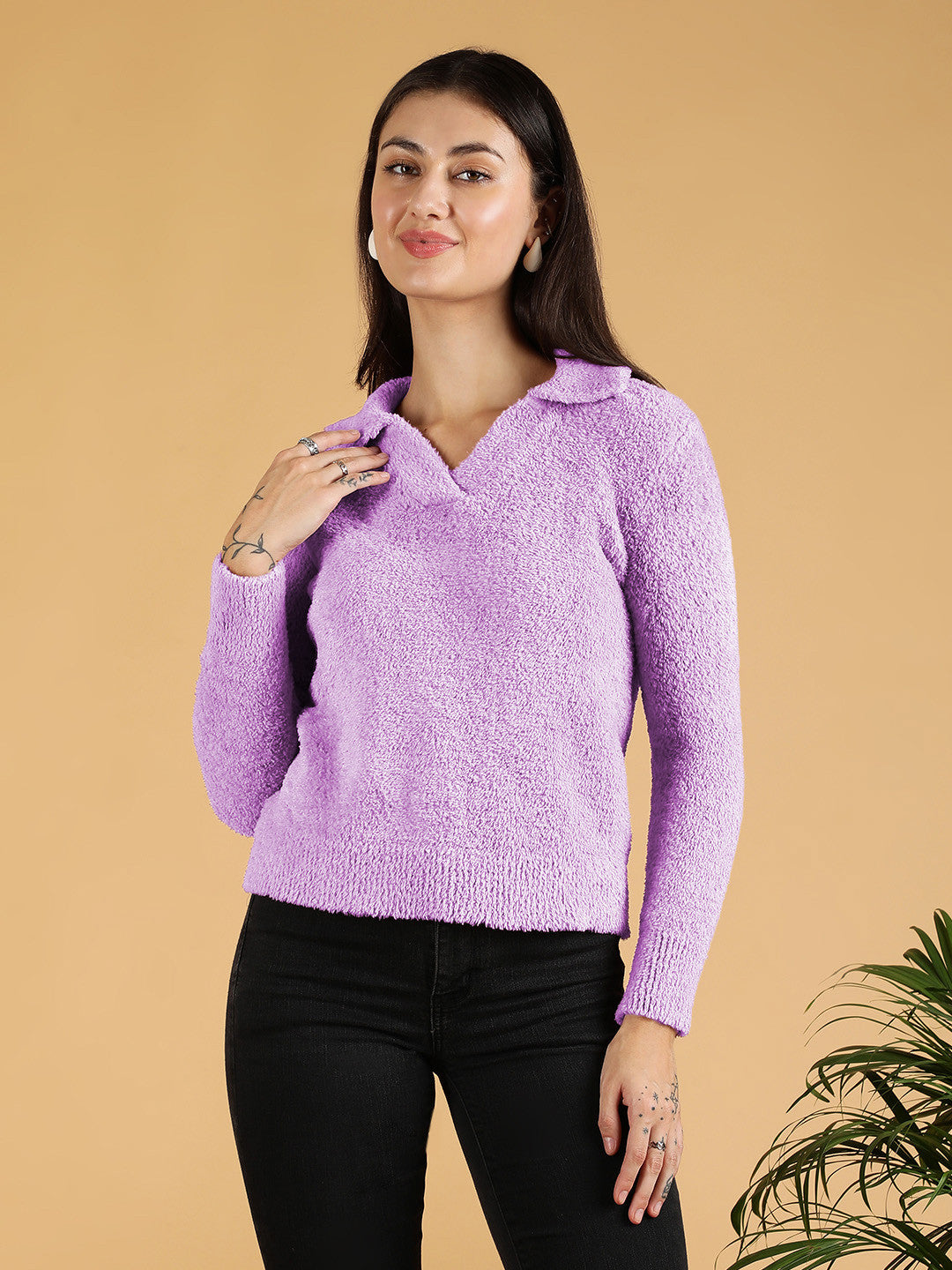 KOTTY Solid Collared Neck Casual Women Purple Sweater