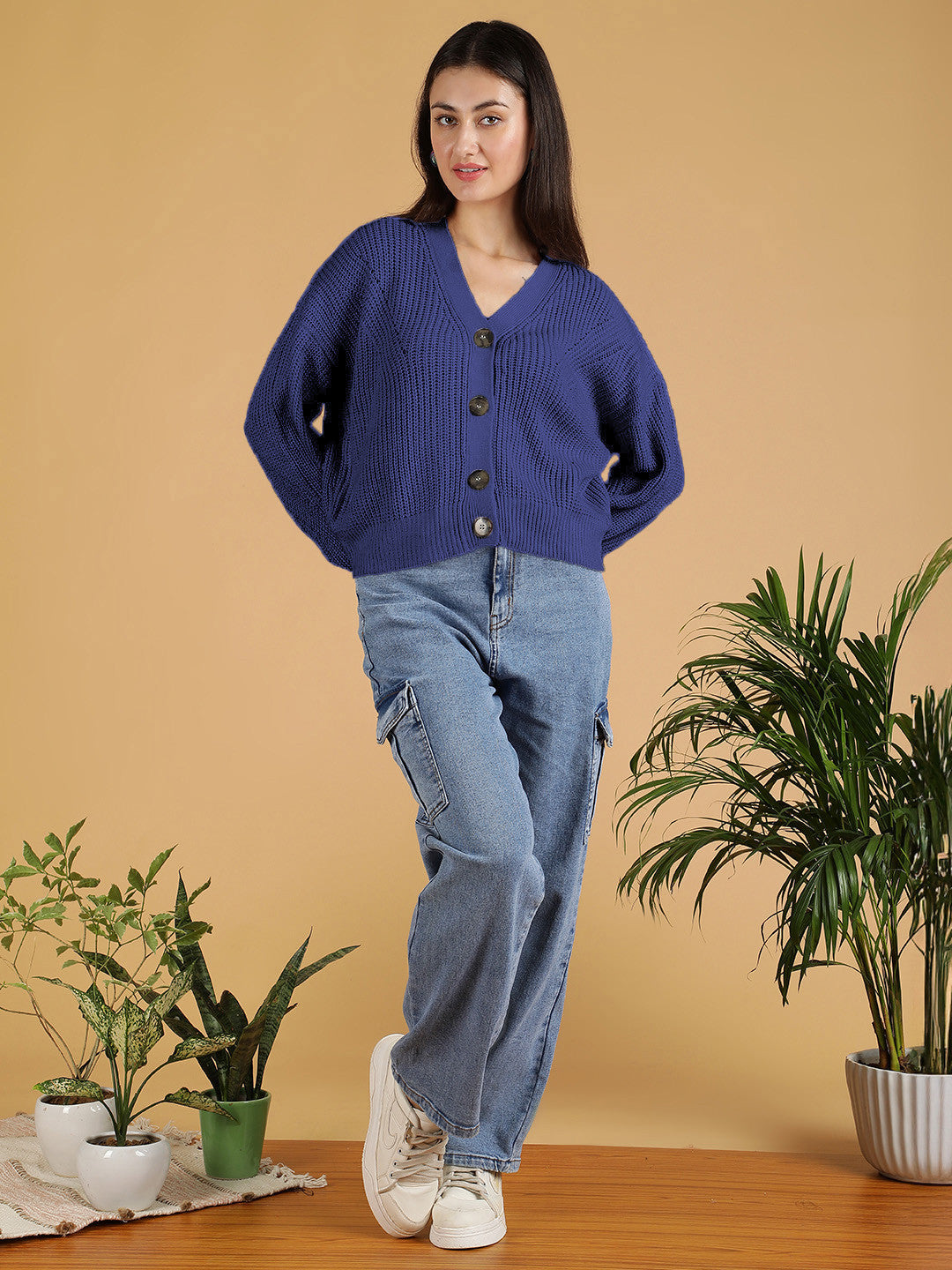 KOTTY Solid V Neck Casual Women Blue Sweater