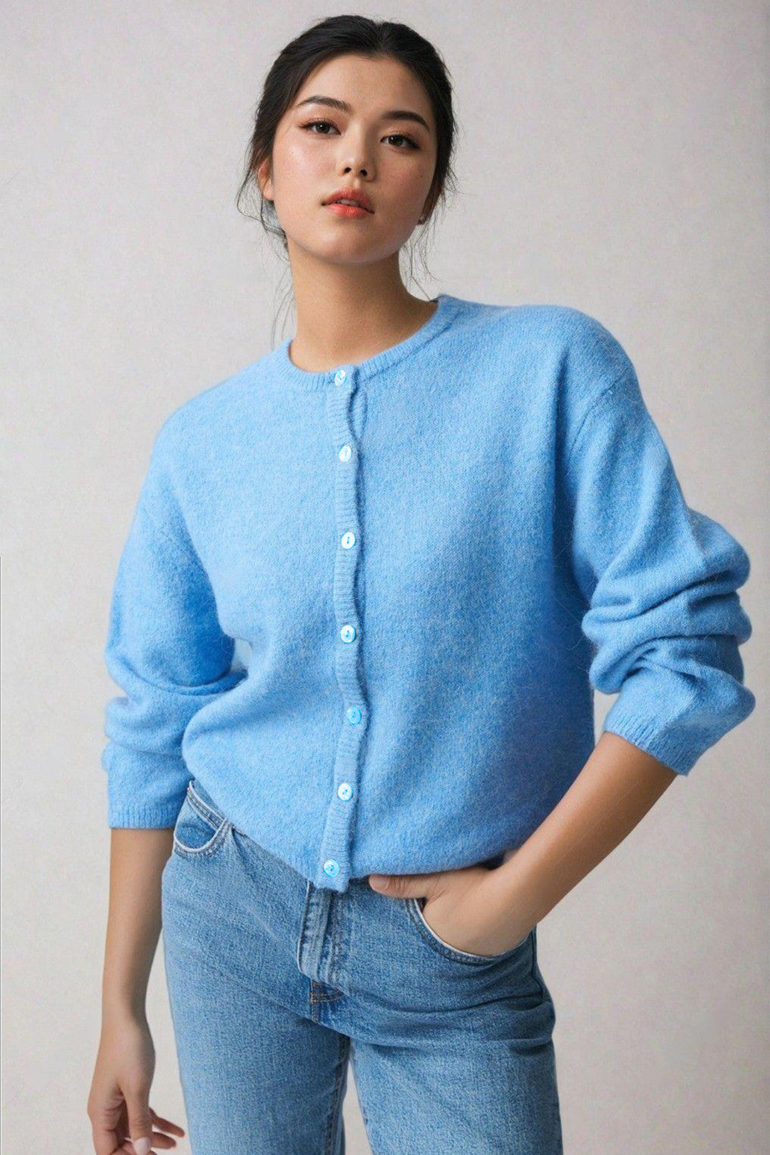 KOTTY Solid Round Neck Casual Women Light Blue Sweater