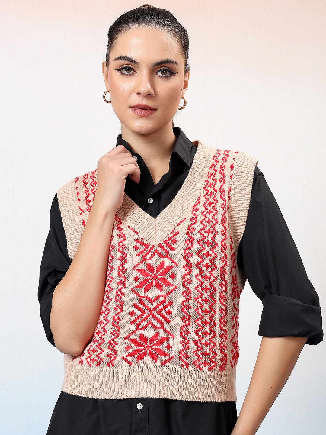 KOTTY Printed V Neck Casual Women Multicolor Sweater