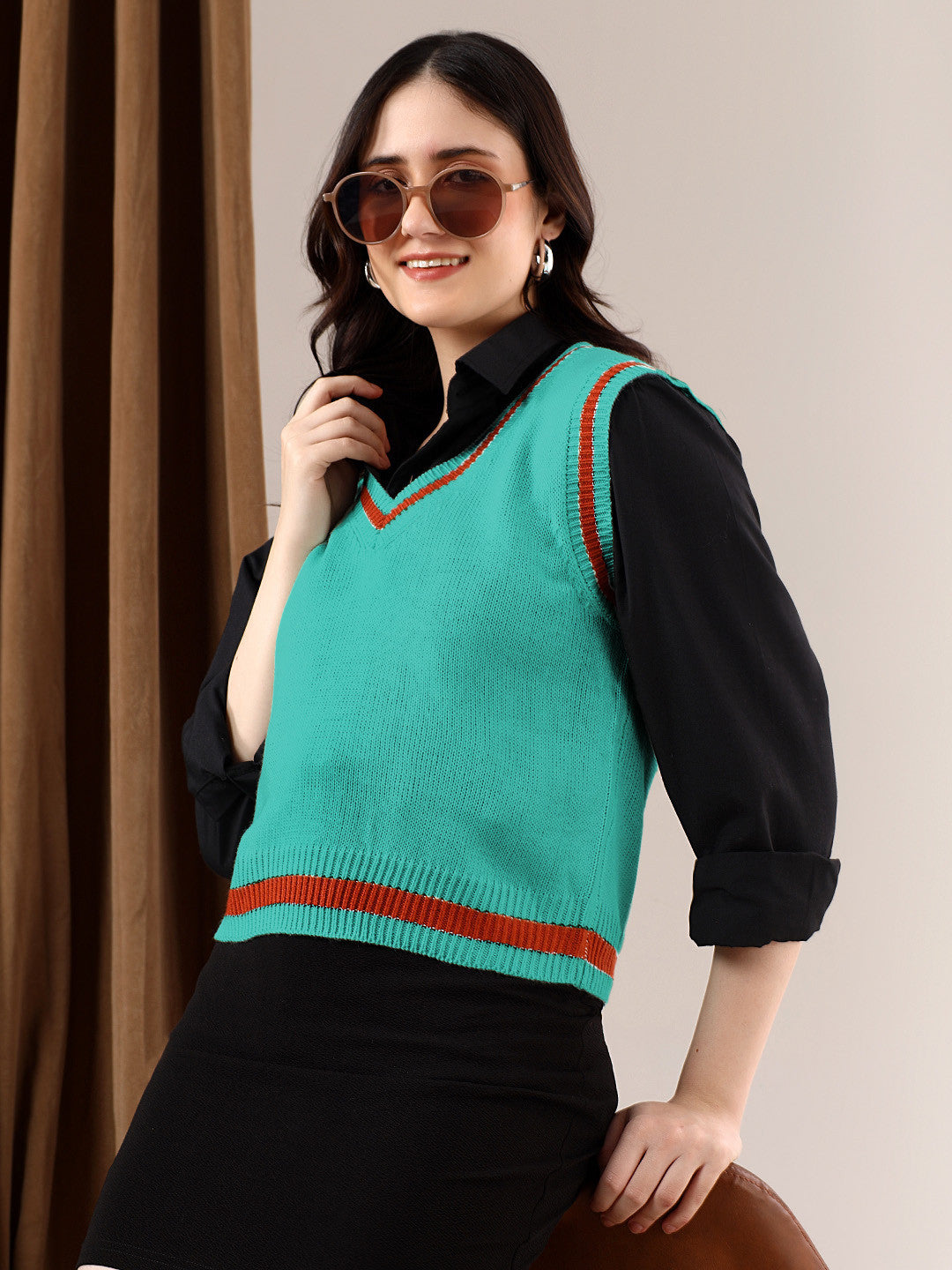 KOTTY Printed V Neck Casual Women Blue Sweater
