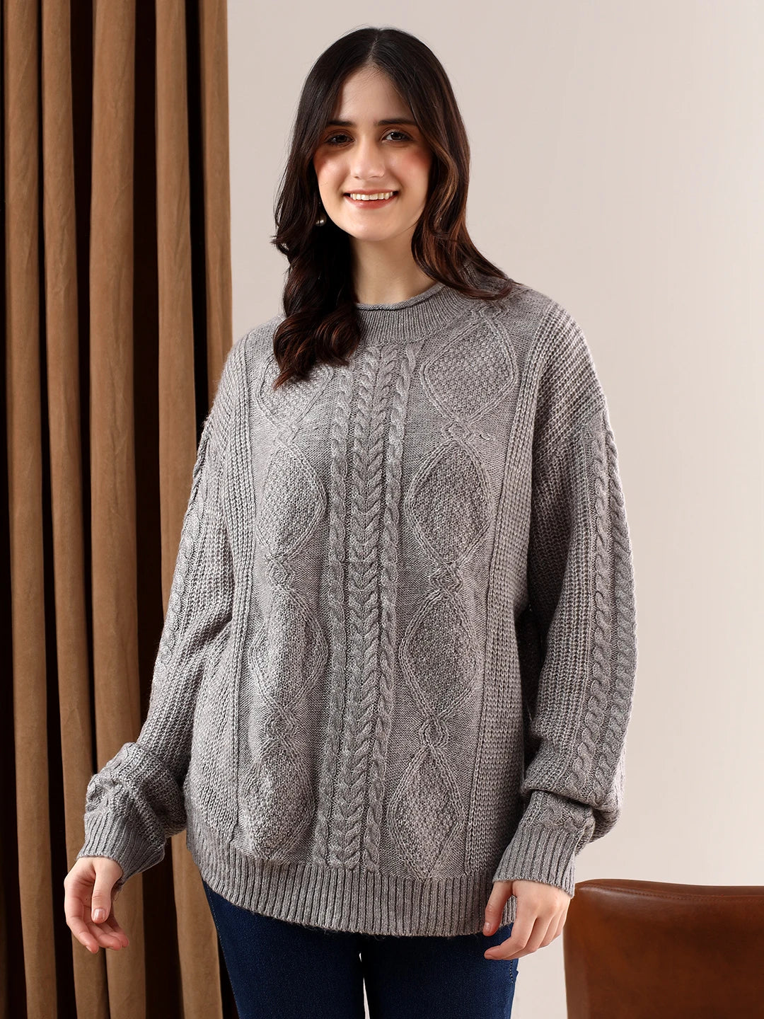 KOTTY Self Design Round Neck Casual Women Grey Sweater