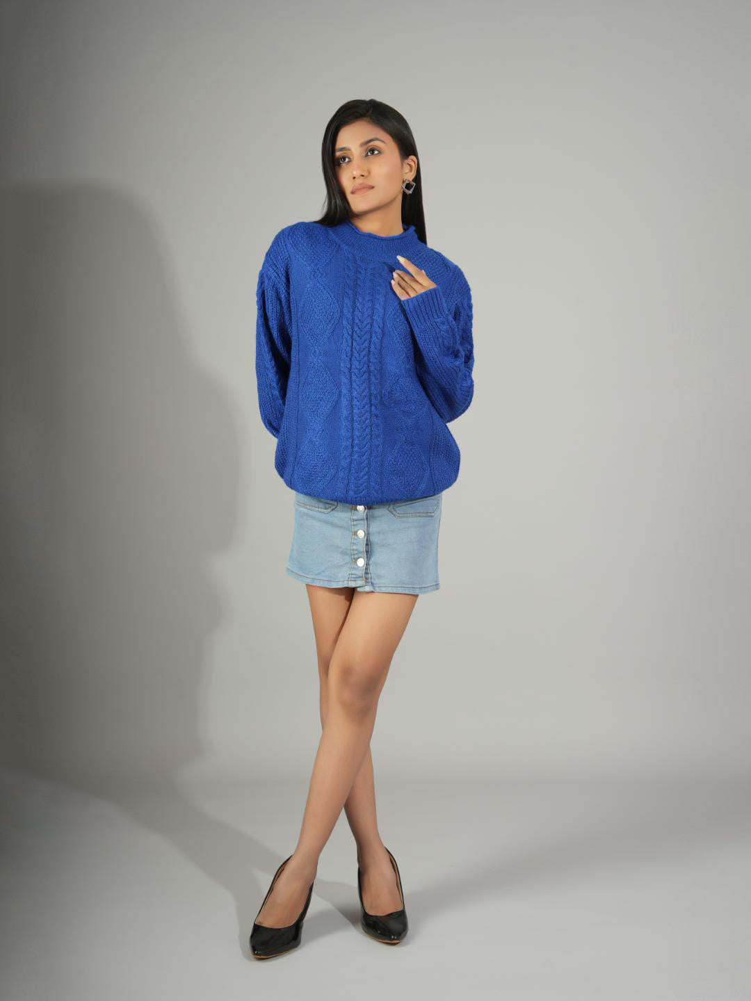 KOTTY Solid Round Neck Casual Women Blue Sweater