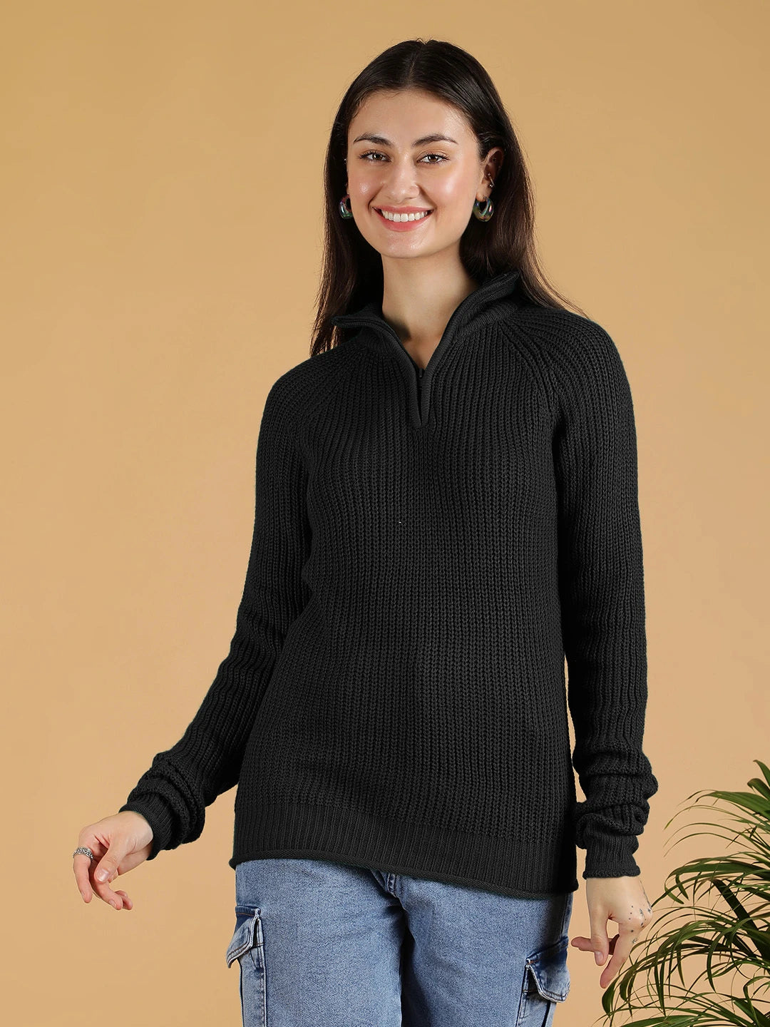 KOTTY Solid High Neck Casual Women Black Sweater