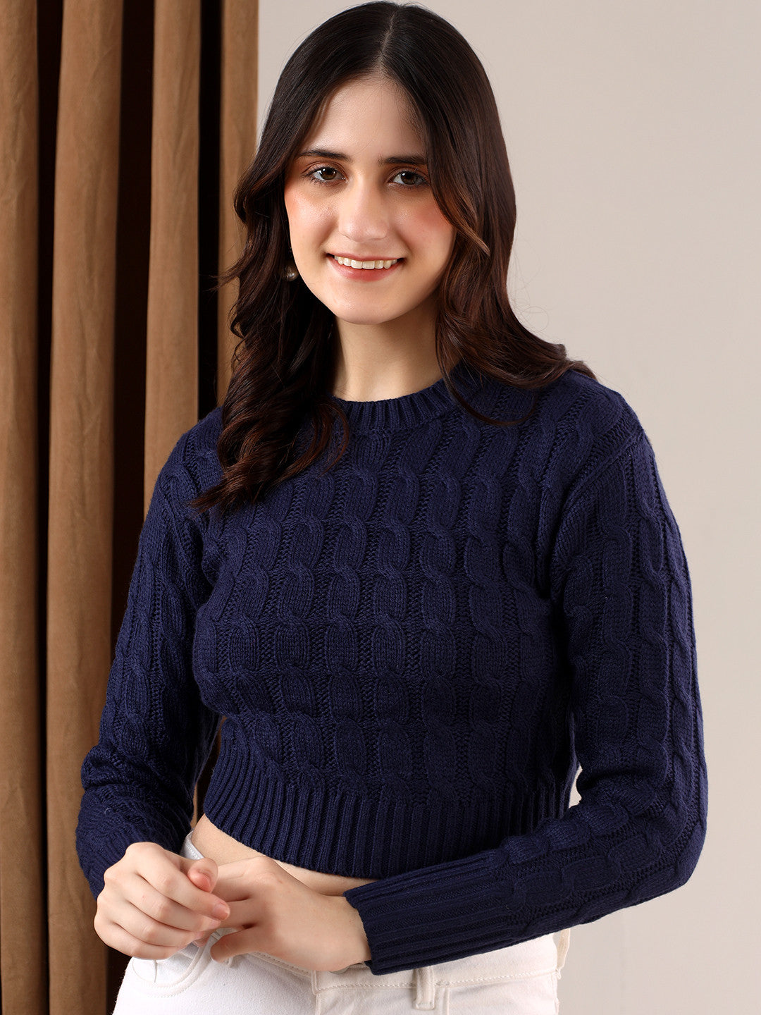 KOTTY Self Design High Neck Casual Women Blue Sweater