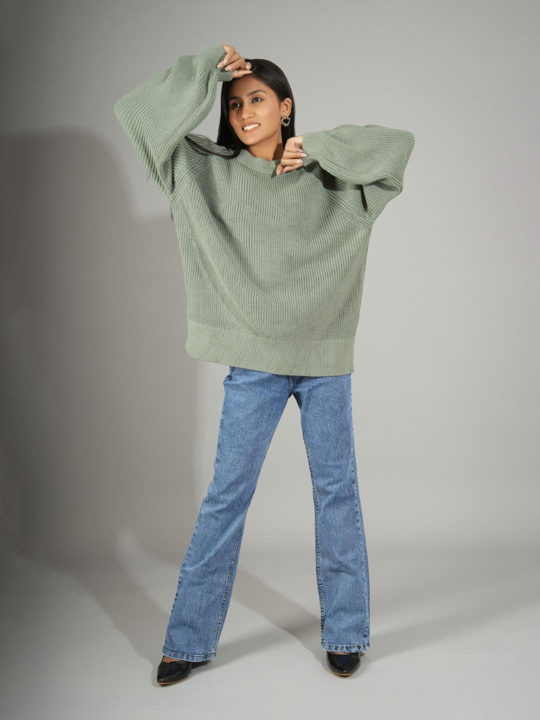 KOTTY Self Design Round Neck Casual Women Green Sweater