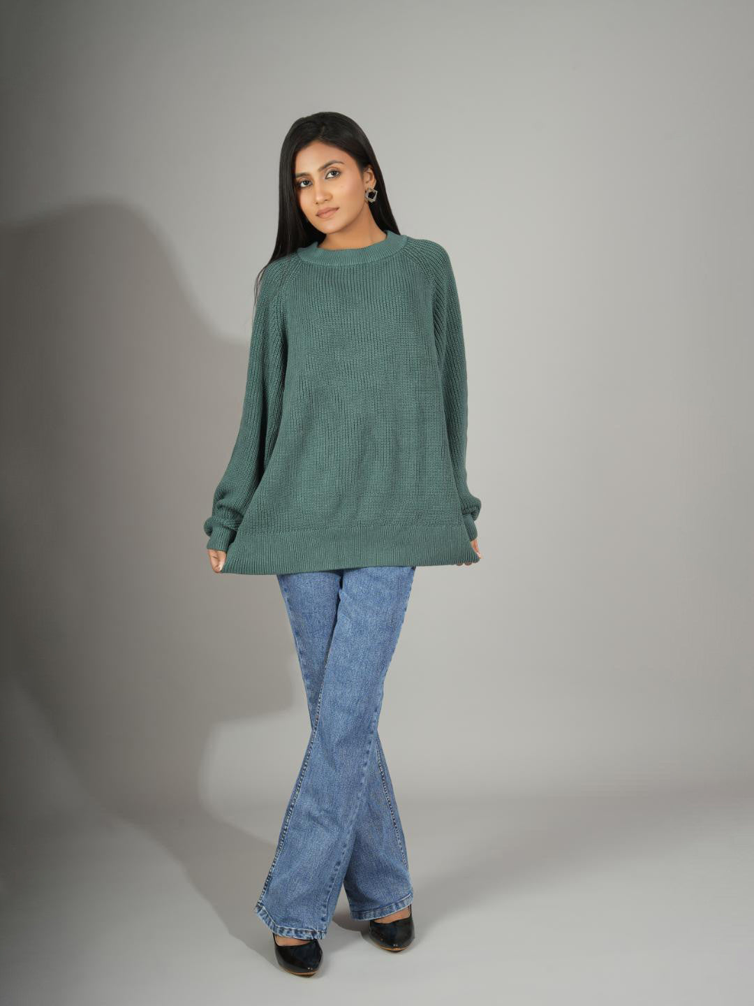 KOTTY Self Design Round Neck Casual Women Green Sweater