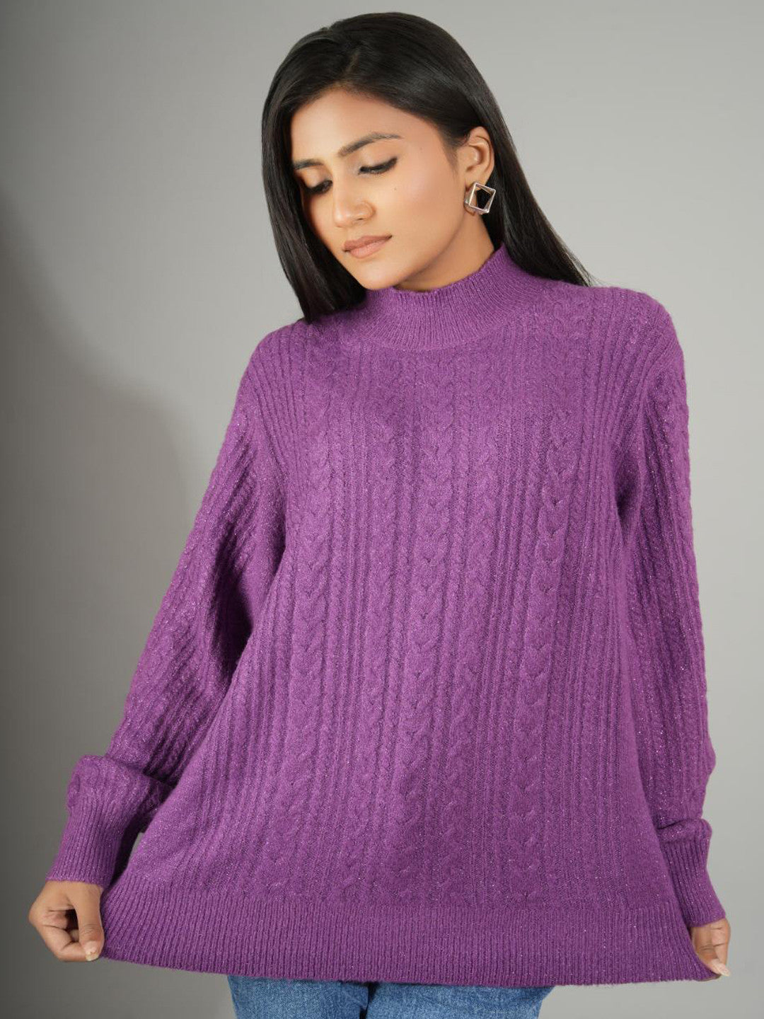KOTTY Woven Collared Neck Casual Women Purple Sweater