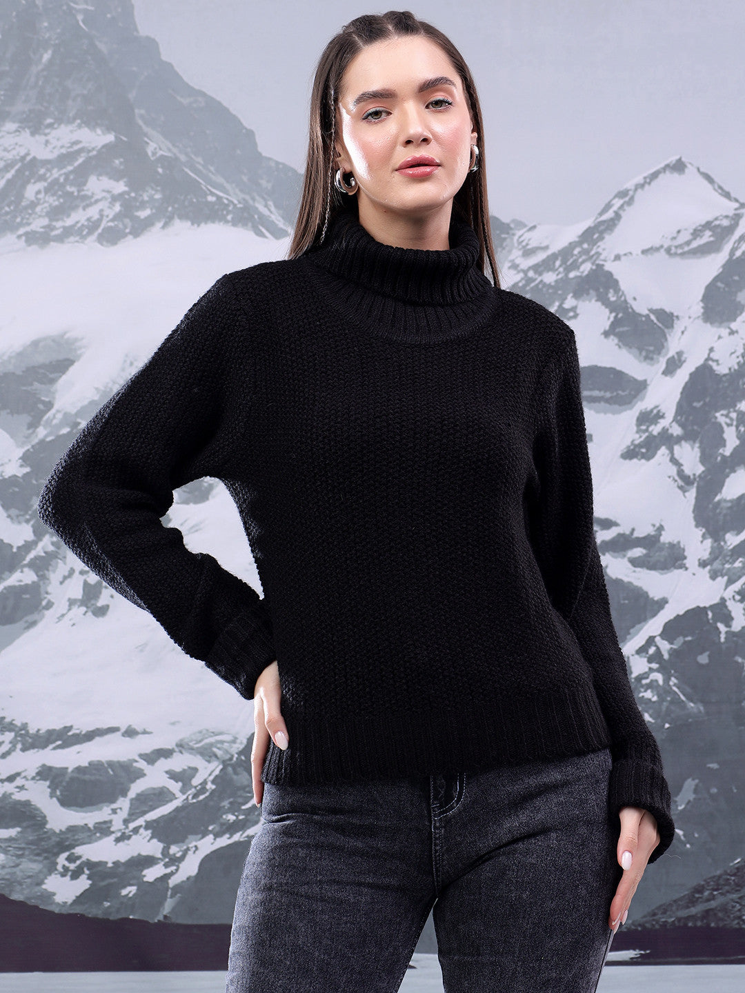 KOTTY Solid High Neck Casual Women Black Sweater