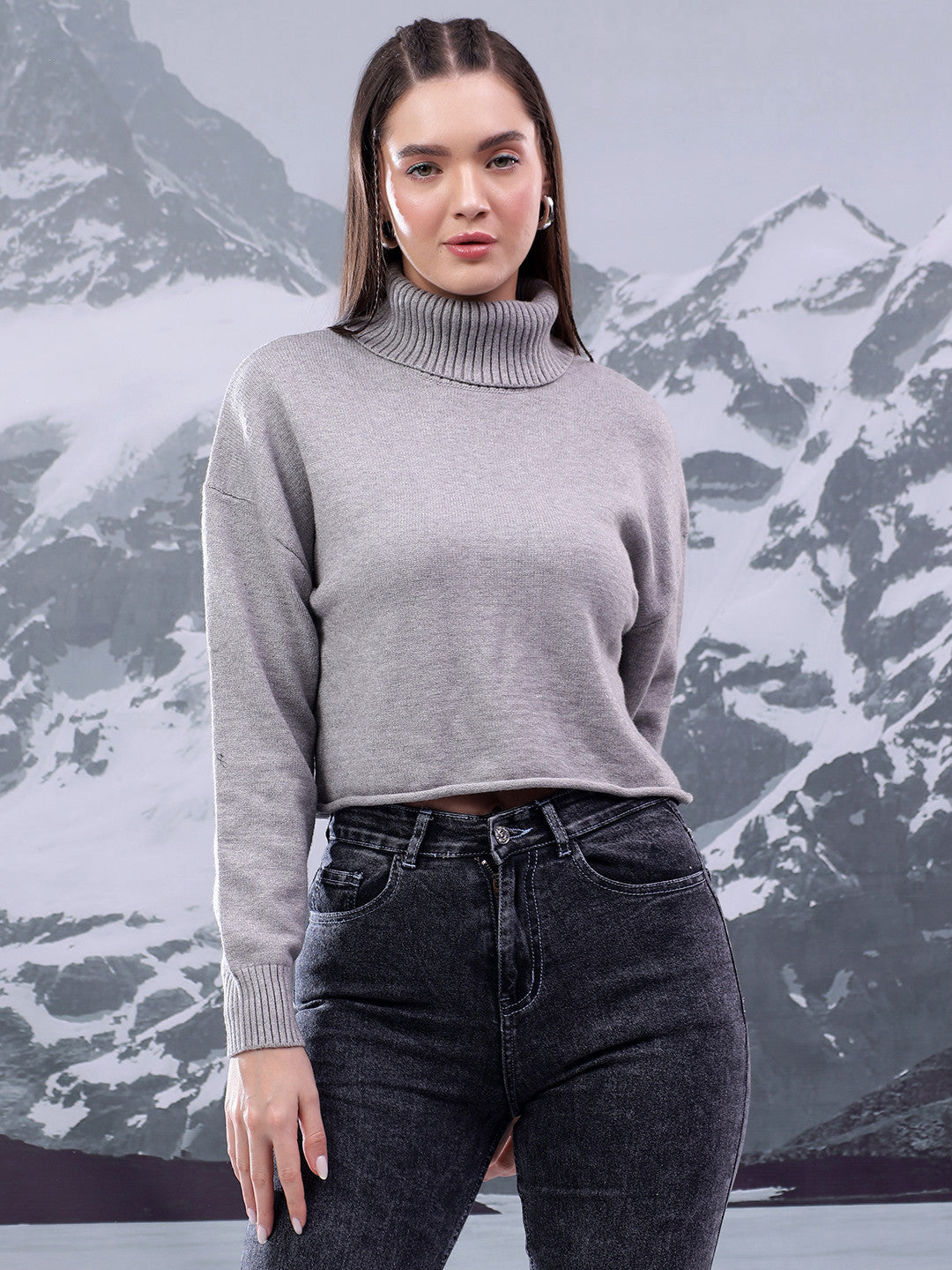 KOTTY Solid High Neck Casual Women Grey Sweater