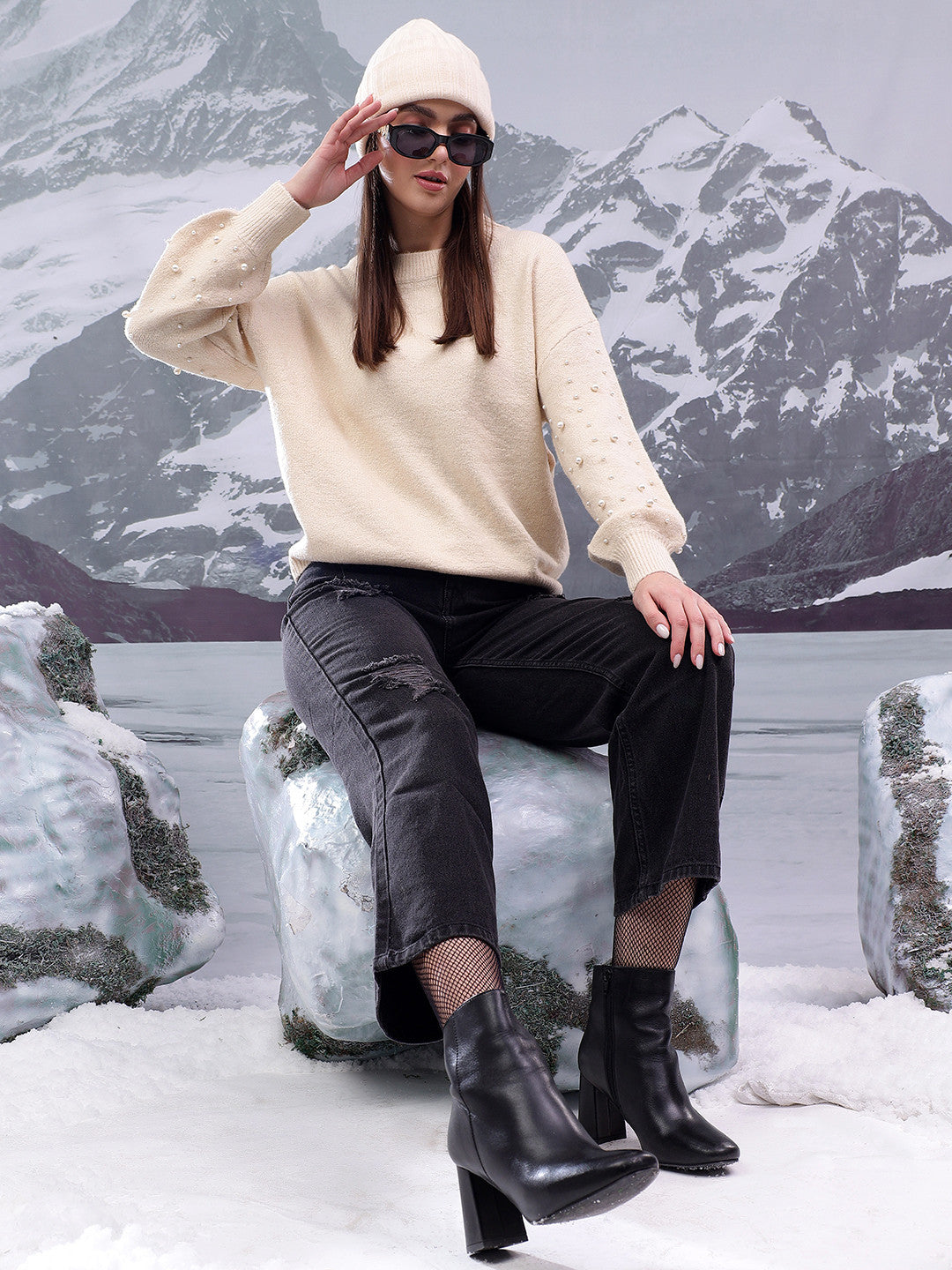 KOTTY Solid Round Neck Casual Women Beige Sweater