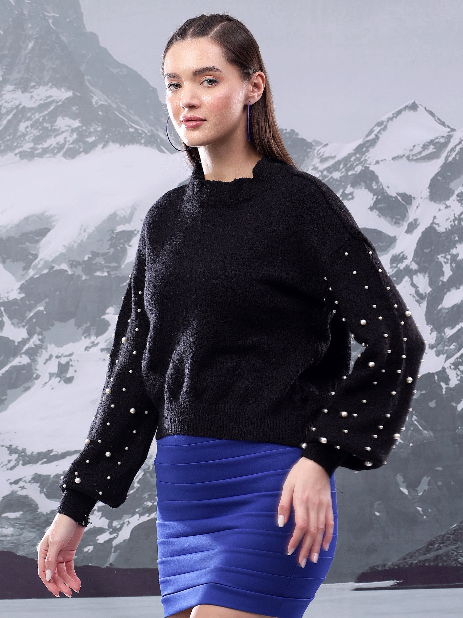 KOTTY Solid High Neck Casual Women Black Sweater