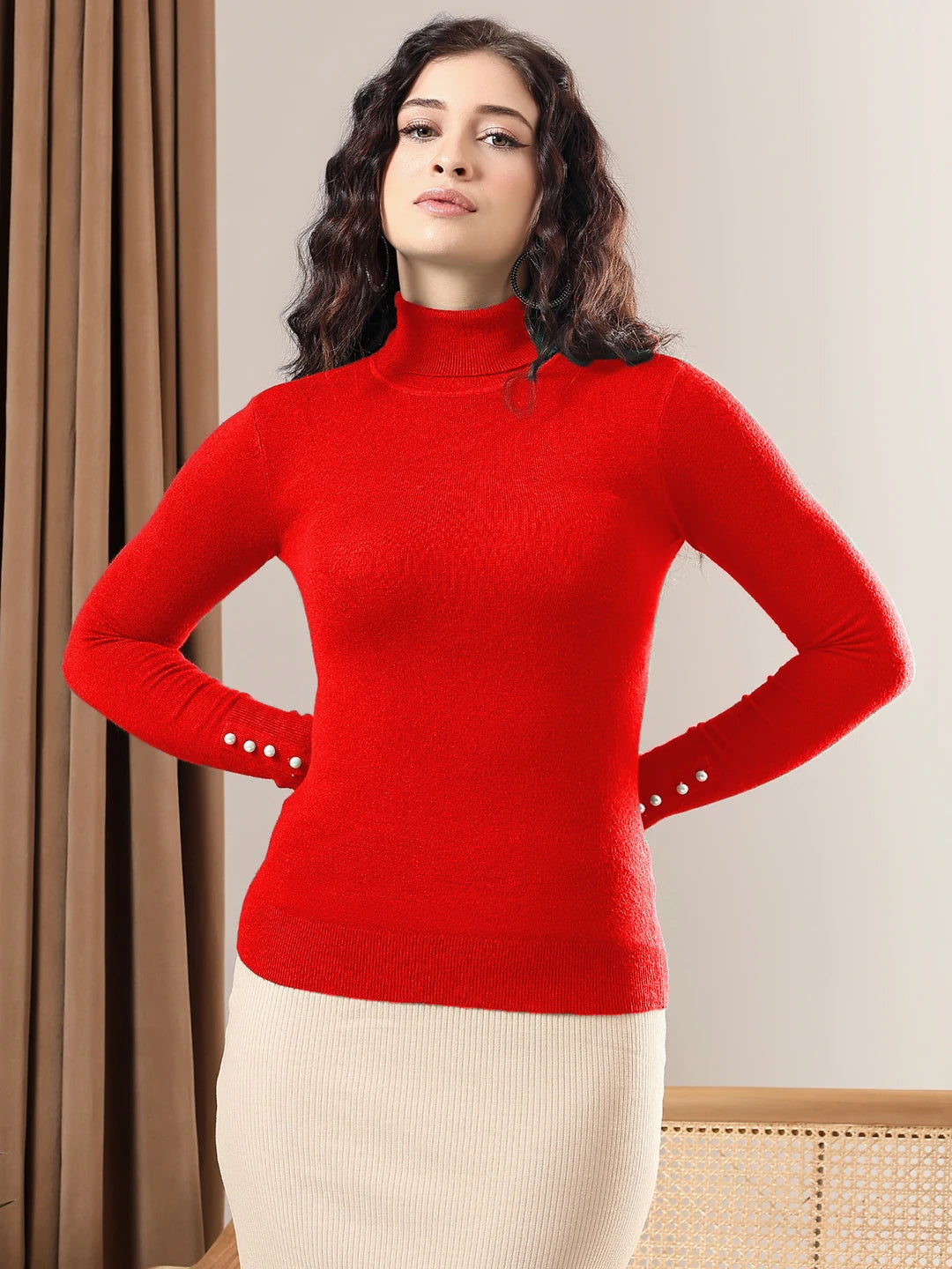 KOTTY Solid High Neck Casual Women Red Sweater