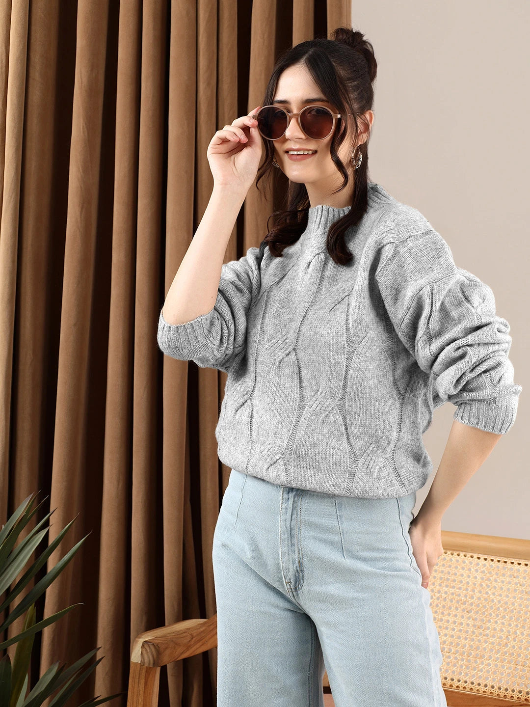 KOTTY Self Design High Neck Casual Women Grey Sweater