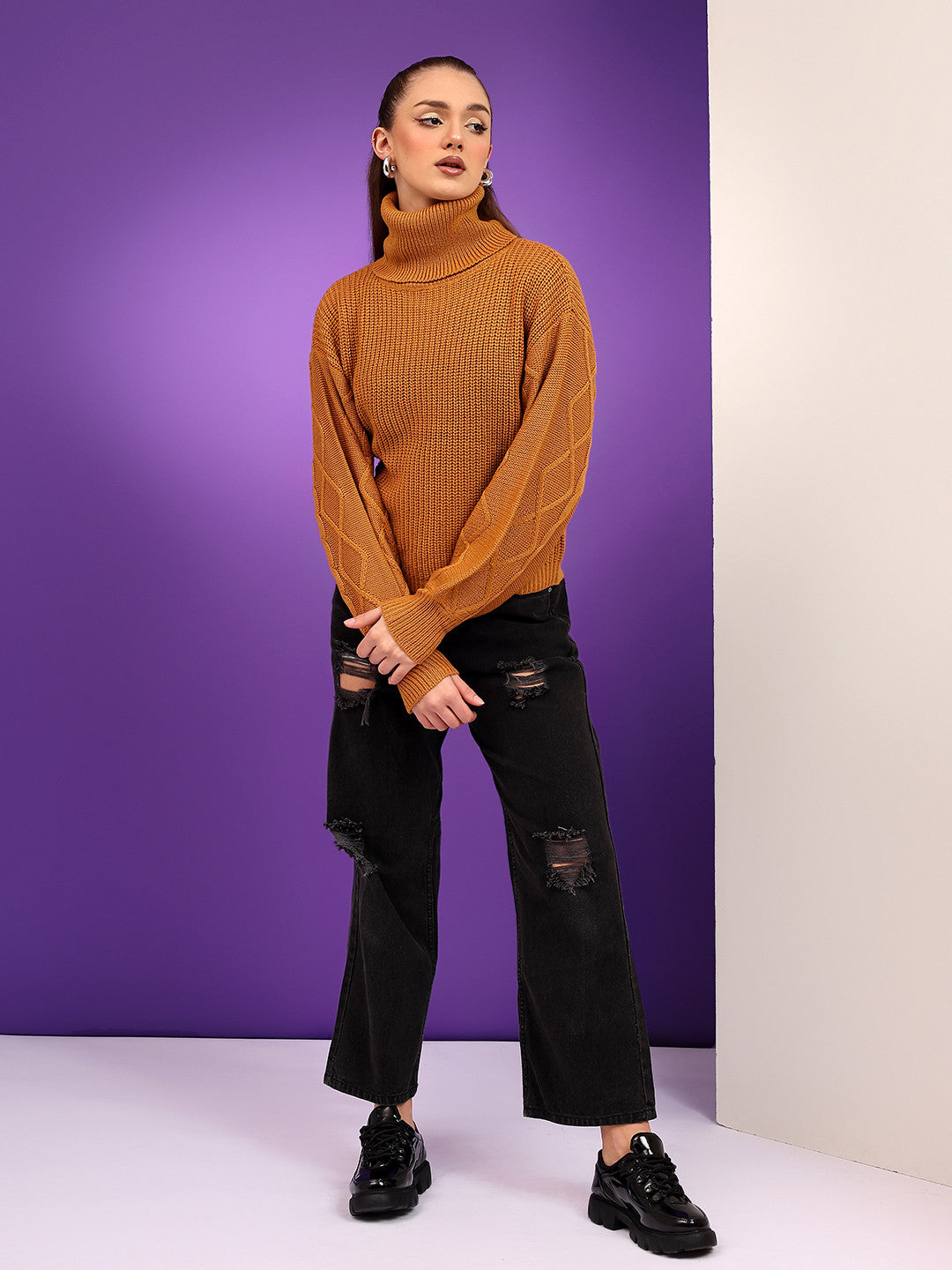KOTTY Solid High Neck Casual Women Brown Sweater