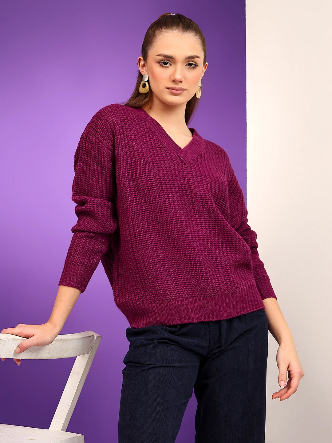 KOTTY Solid V Neck Casual Women Maroon Sweater