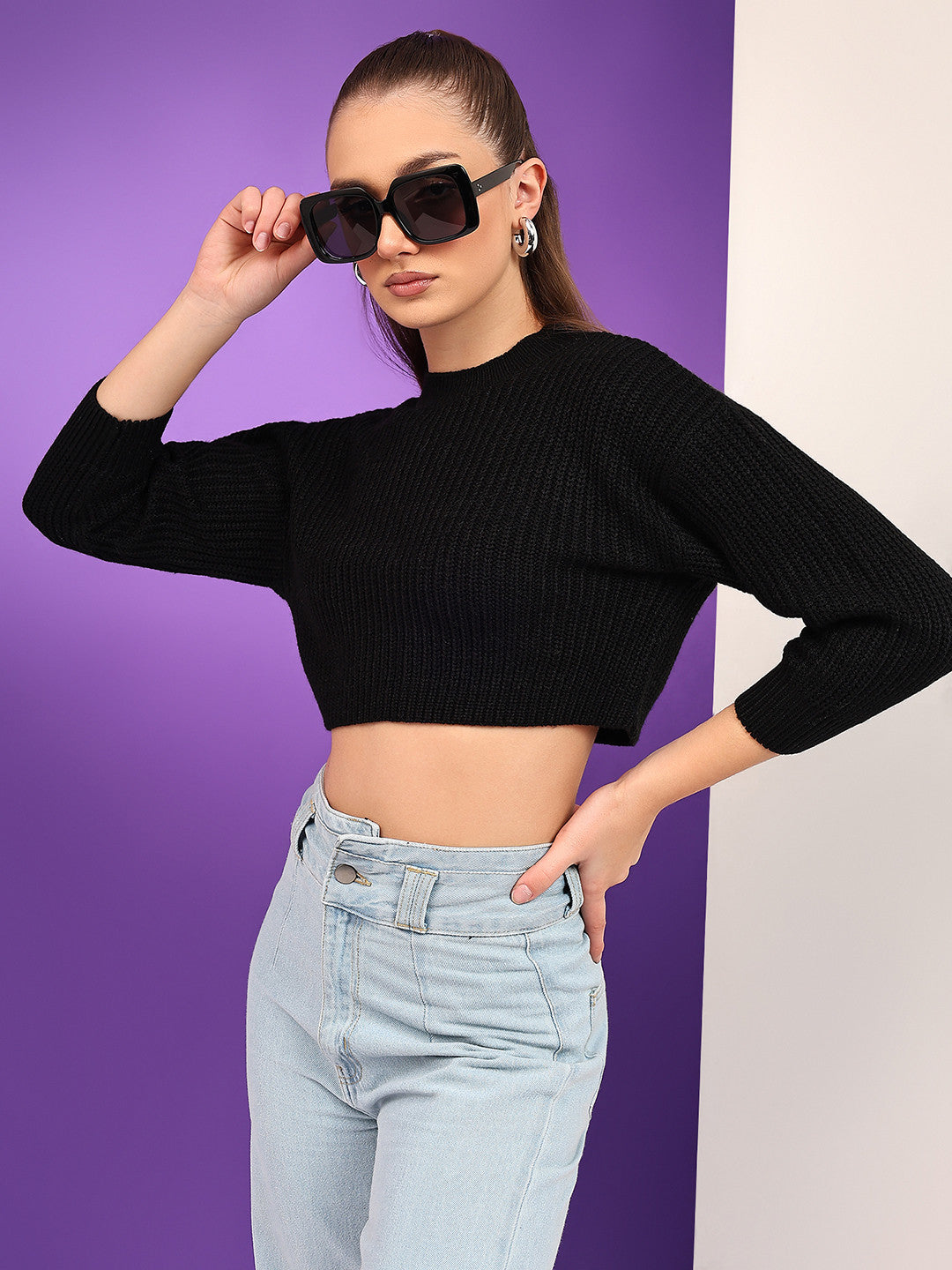 KOTTY Solid Round Neck Casual Women Black Sweater